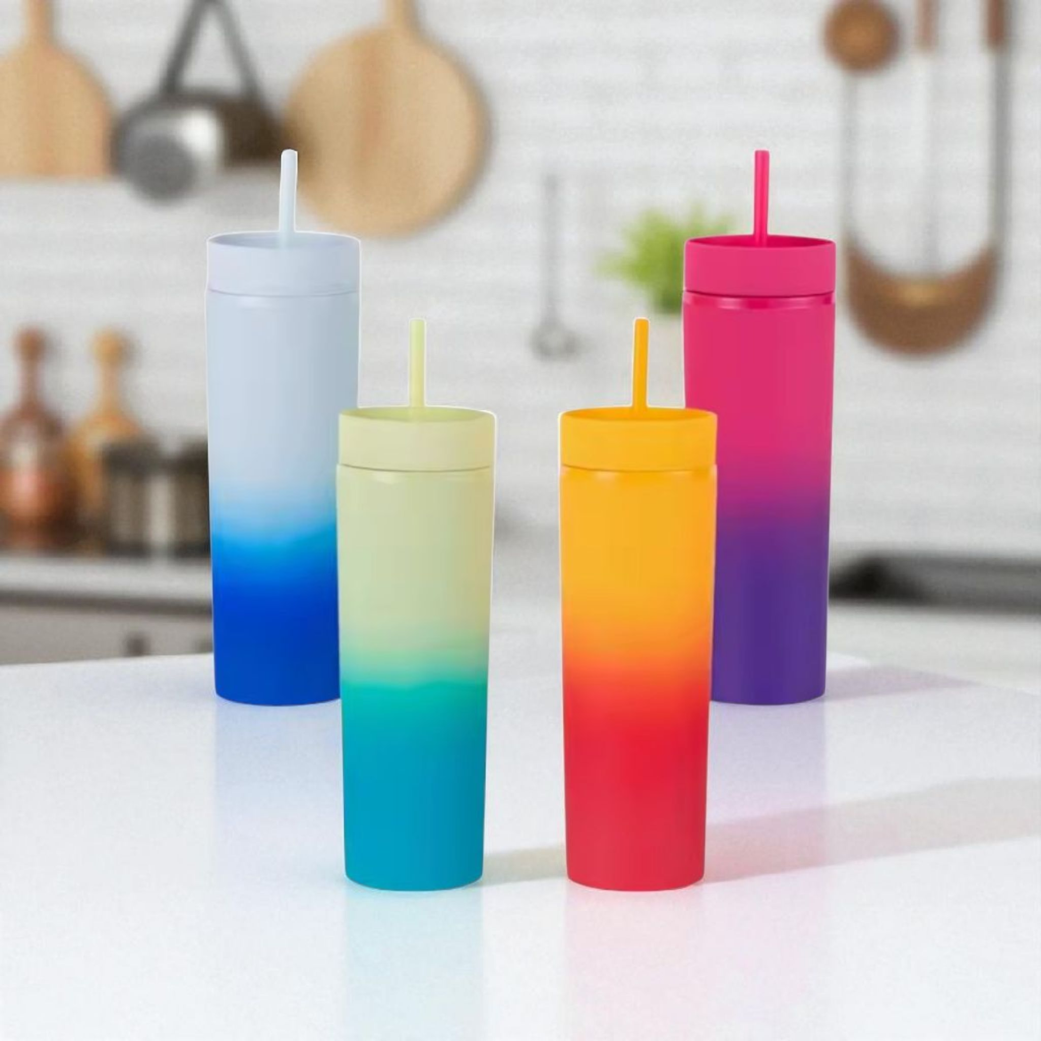 473ml Skinny Drinking Tumbler Pastel 2-Tone Acrylic Bottle Reusable with Lid & Straw 21x7cm