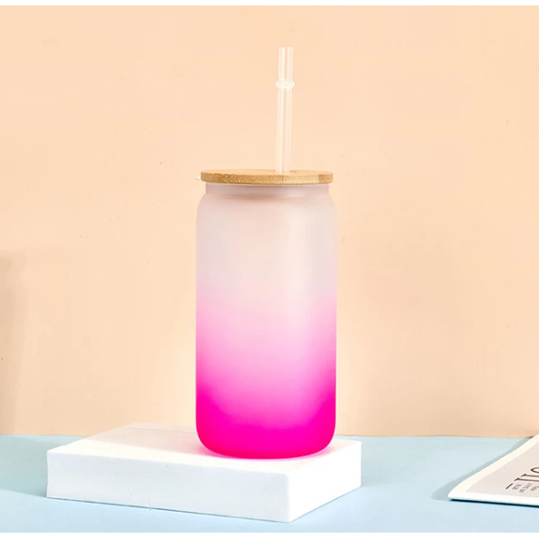 Frosted Glass Drinking Can Bottle 480ml Color Gradient with Bamboo Lid & Borosilicate Straw