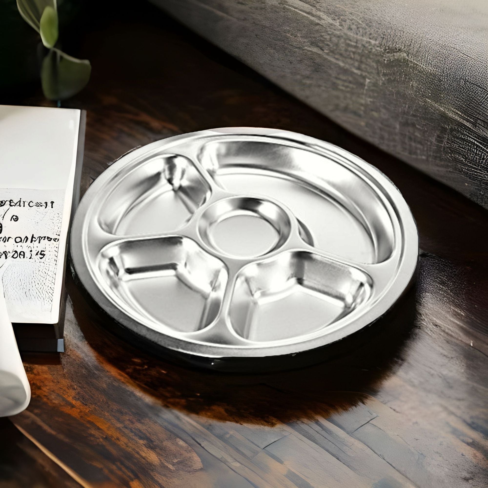 Canteen Lunch Tray Stainless Steel 5-Division Round - Cafeteria Feeding Plate