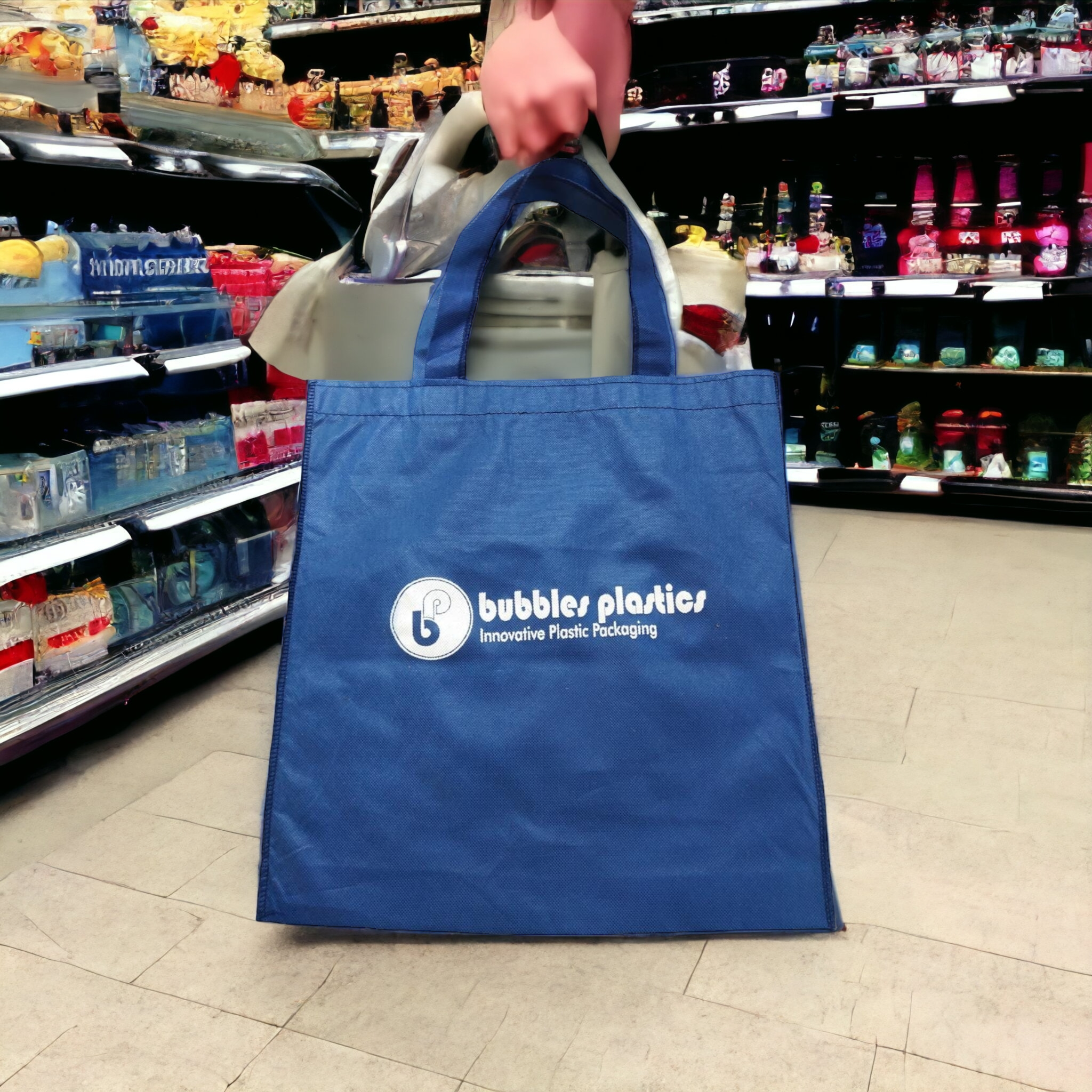 Non-Woven Shopper Grocery Bag 40x38cm with Soft Loop Handle - Bubbles Branded