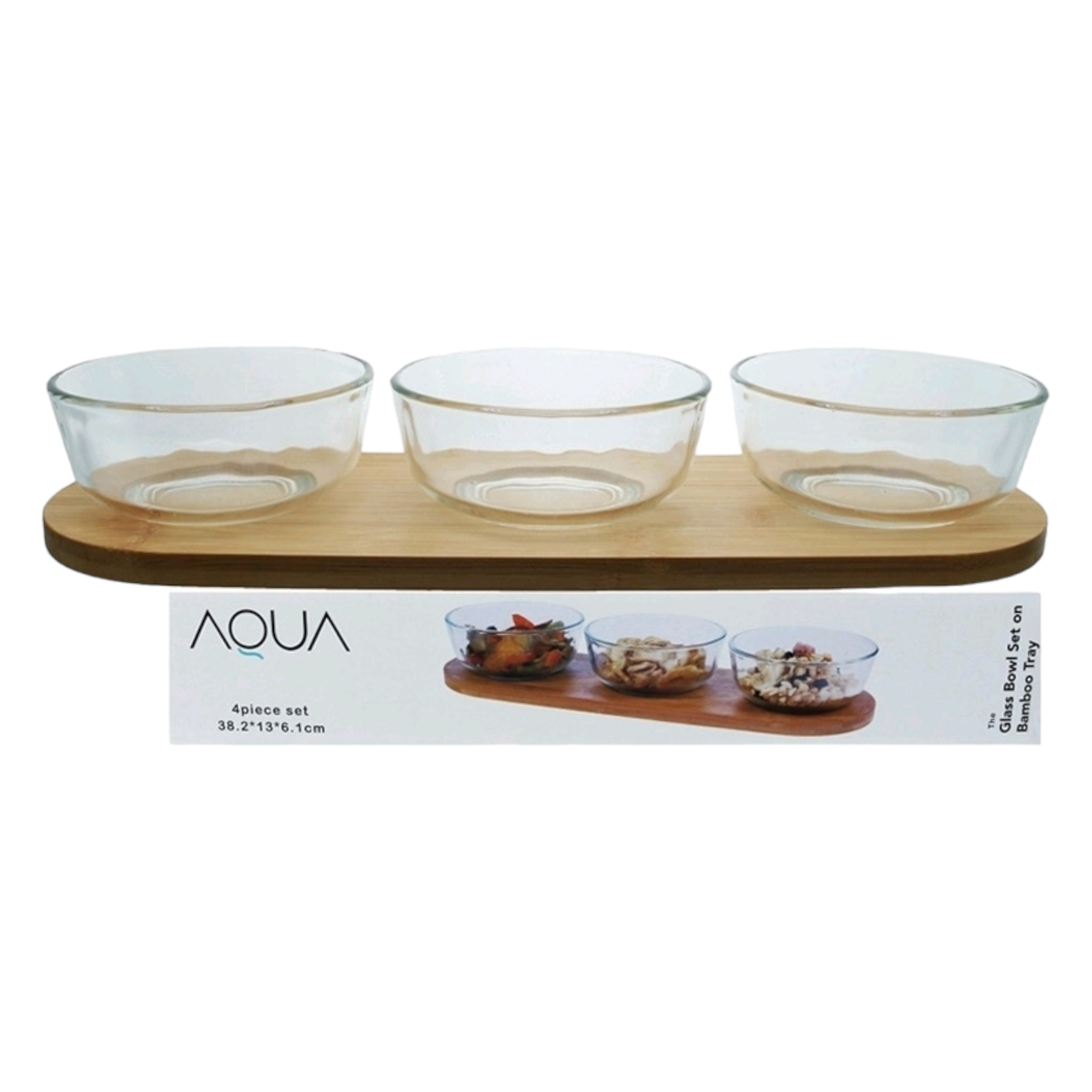 Aqua Glass Snack Bowl 3pc Set 260ml on Bamboo Serving Tray 27601