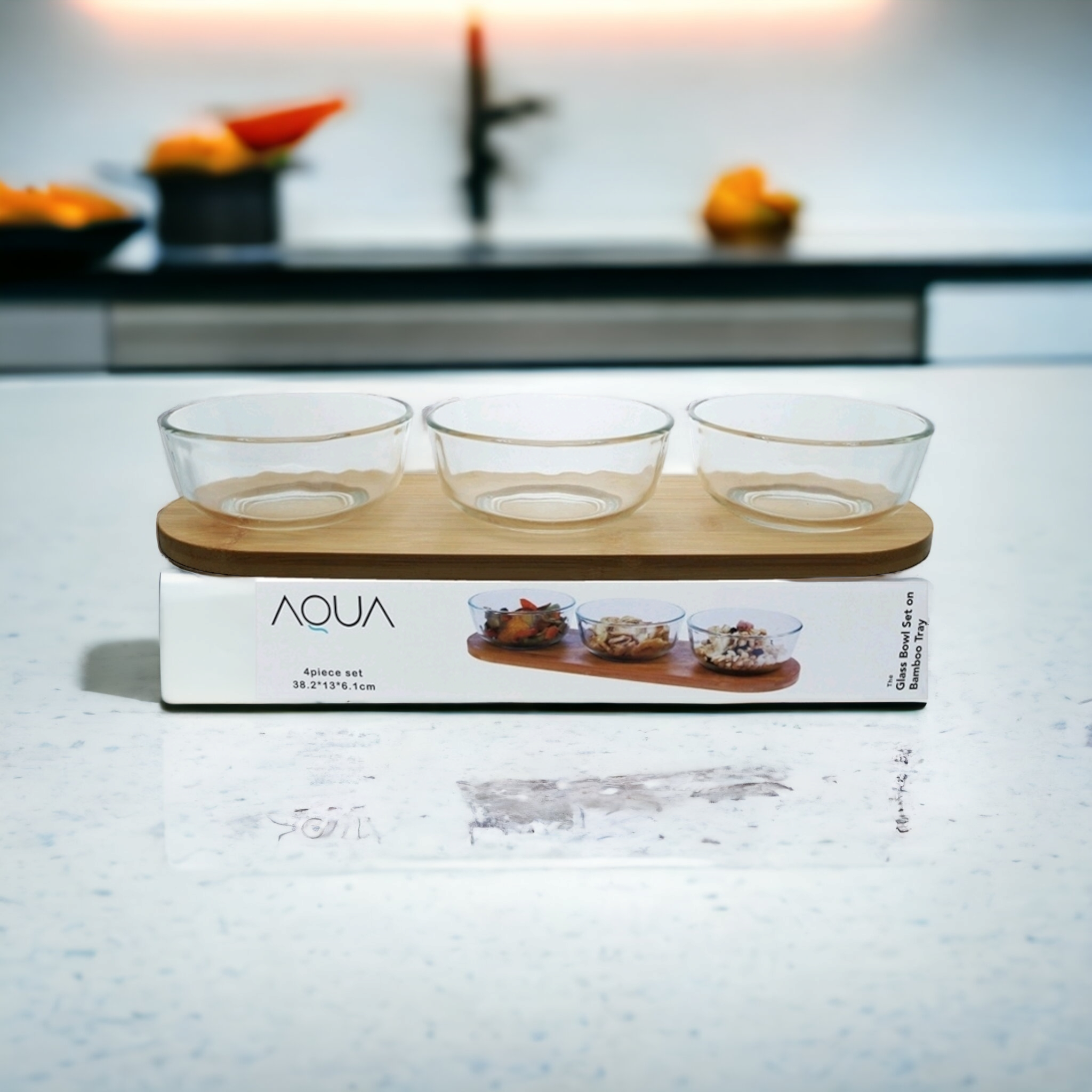 Aqua Glass Snack Bowl 3pc Set 260ml on Bamboo Serving Tray 27601