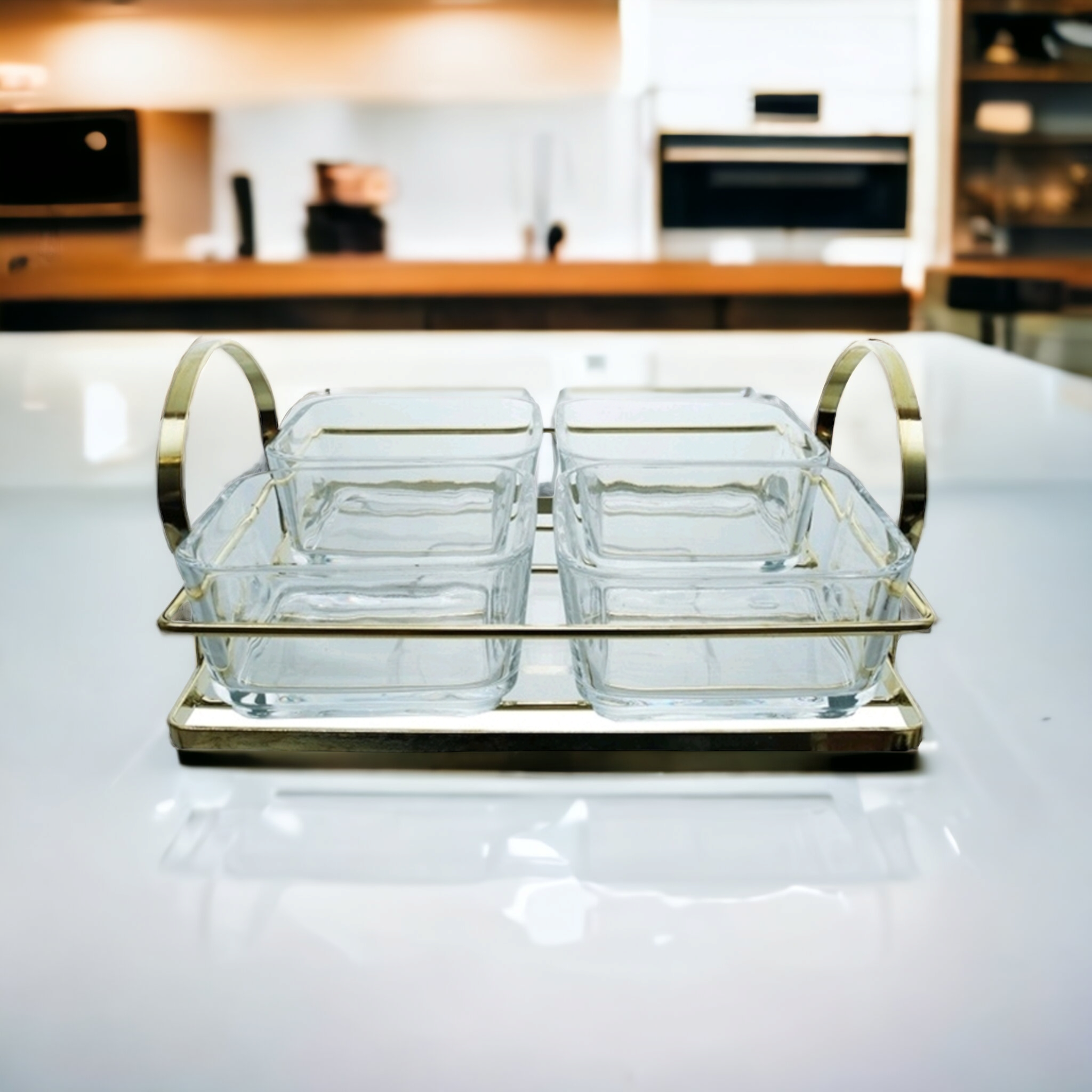 Aqua 4 Piece Glass Snack Bowl Set 250ml with Gold Serving Tray 27602