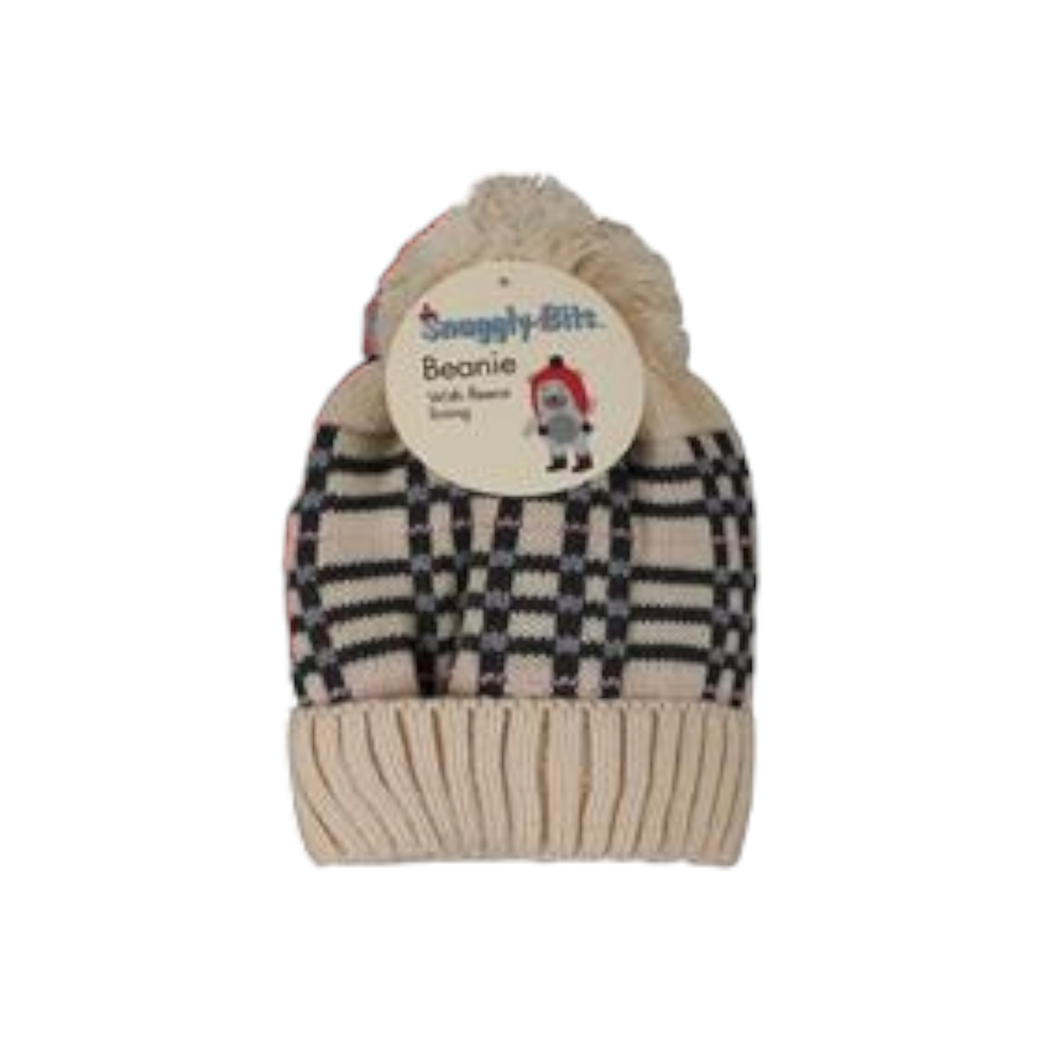 Beanie Kids Check with Tassle and Fleece 18cm