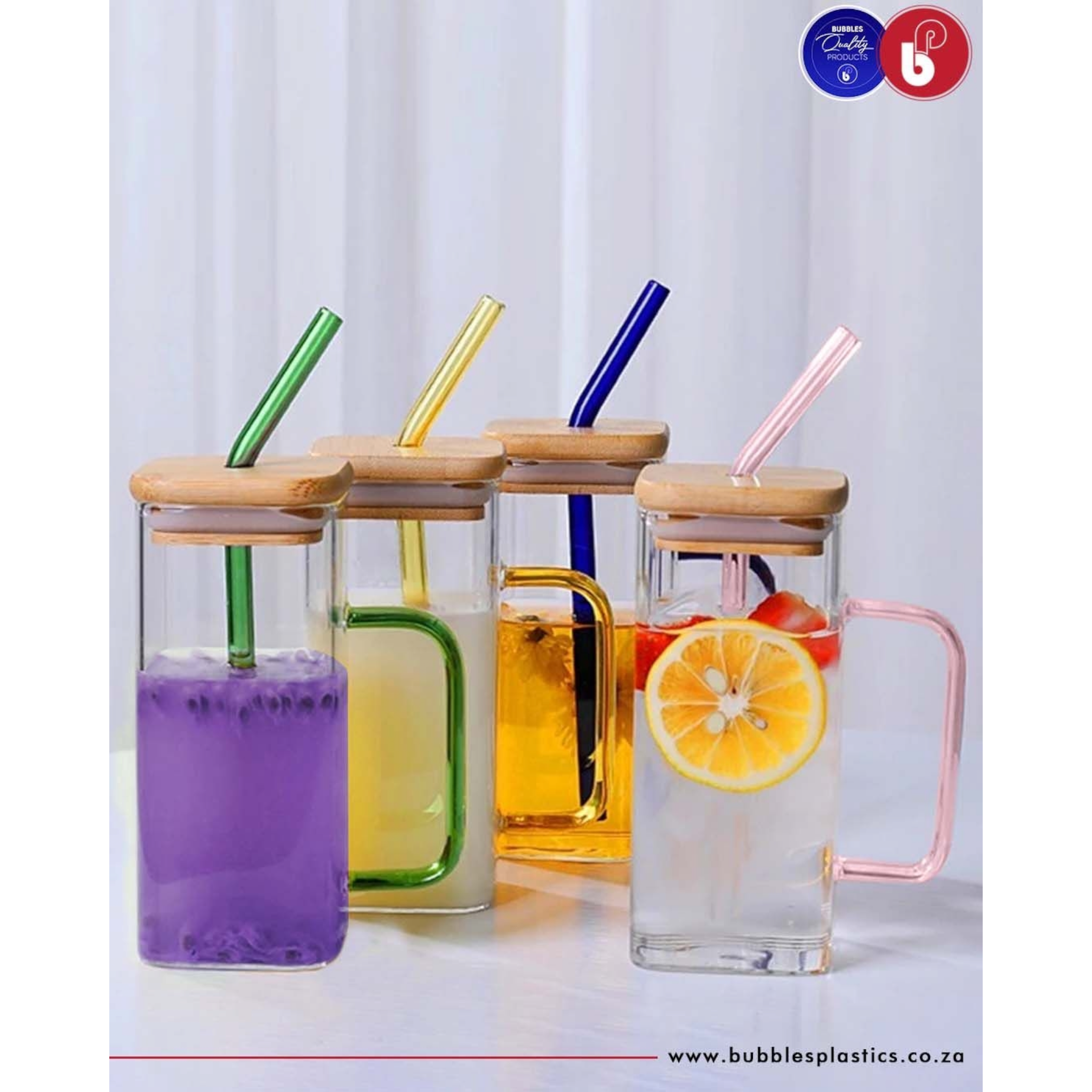 Glass Drinking Mug 350ml Square with Bamboo Lid & Borosilicate Curved Straw