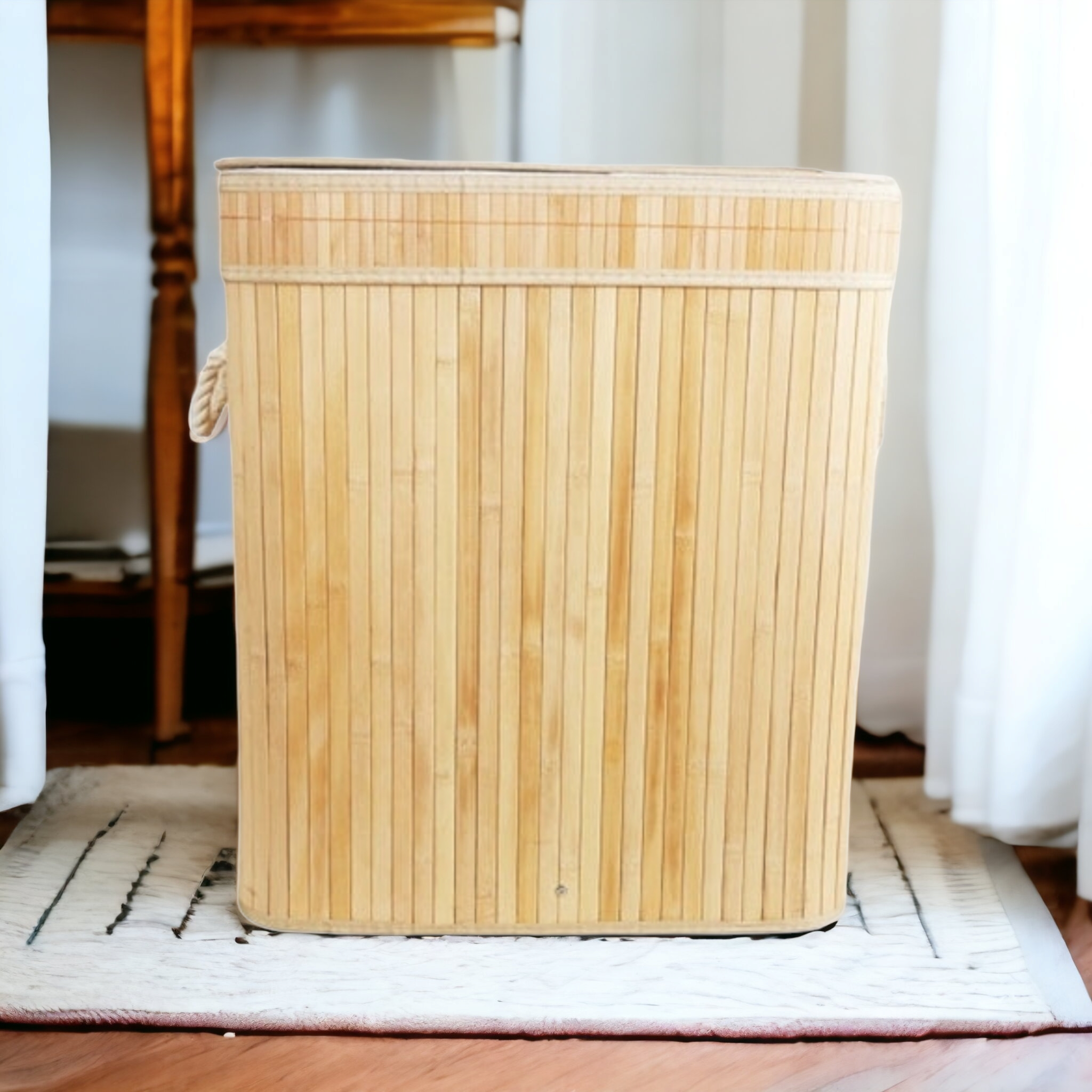 Aqua Bamboo Foldable Laundry Basket Double Rectangle Natural 15692