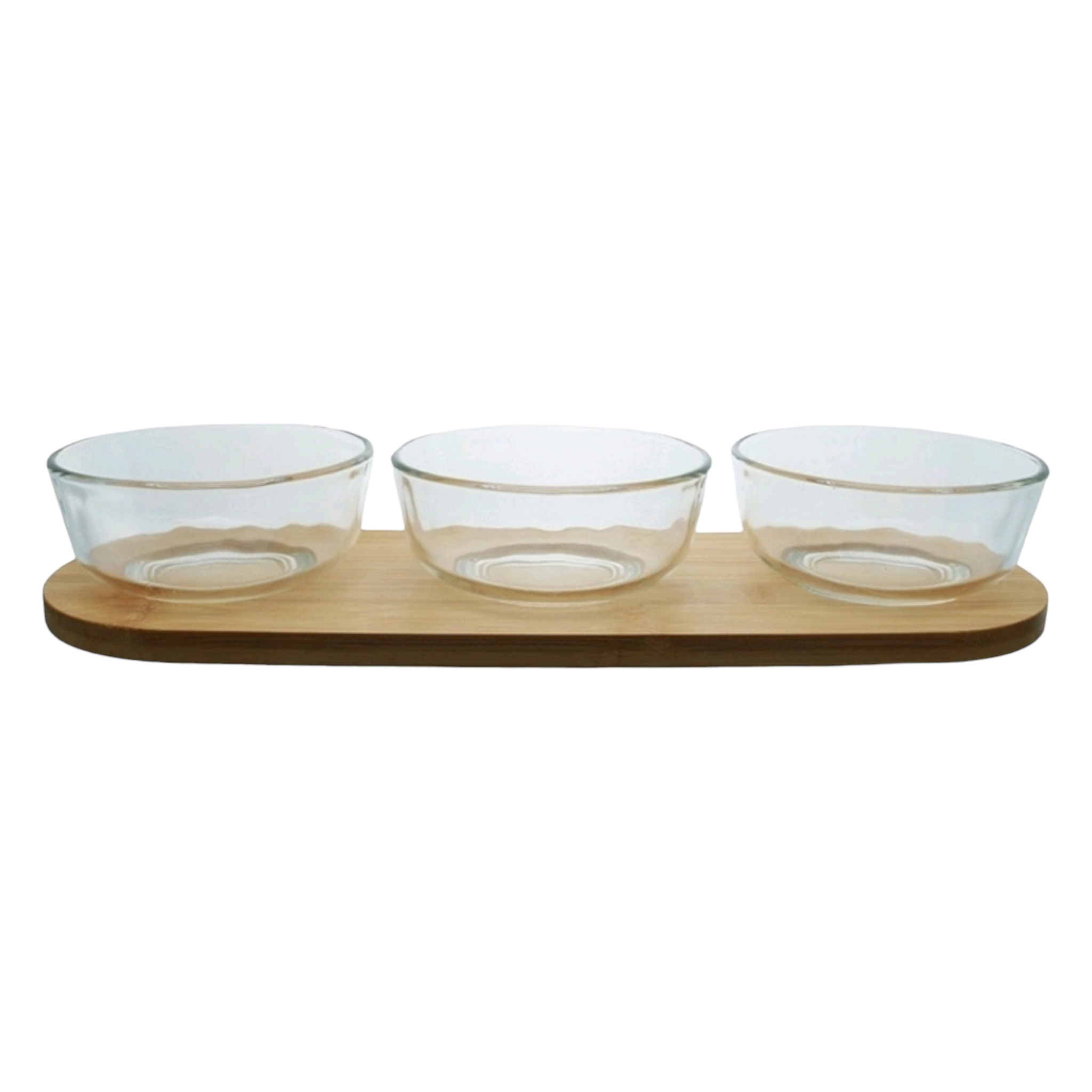 Aqua Glass Snack Bowl 3pc Set 260ml on Bamboo Serving Tray 27601