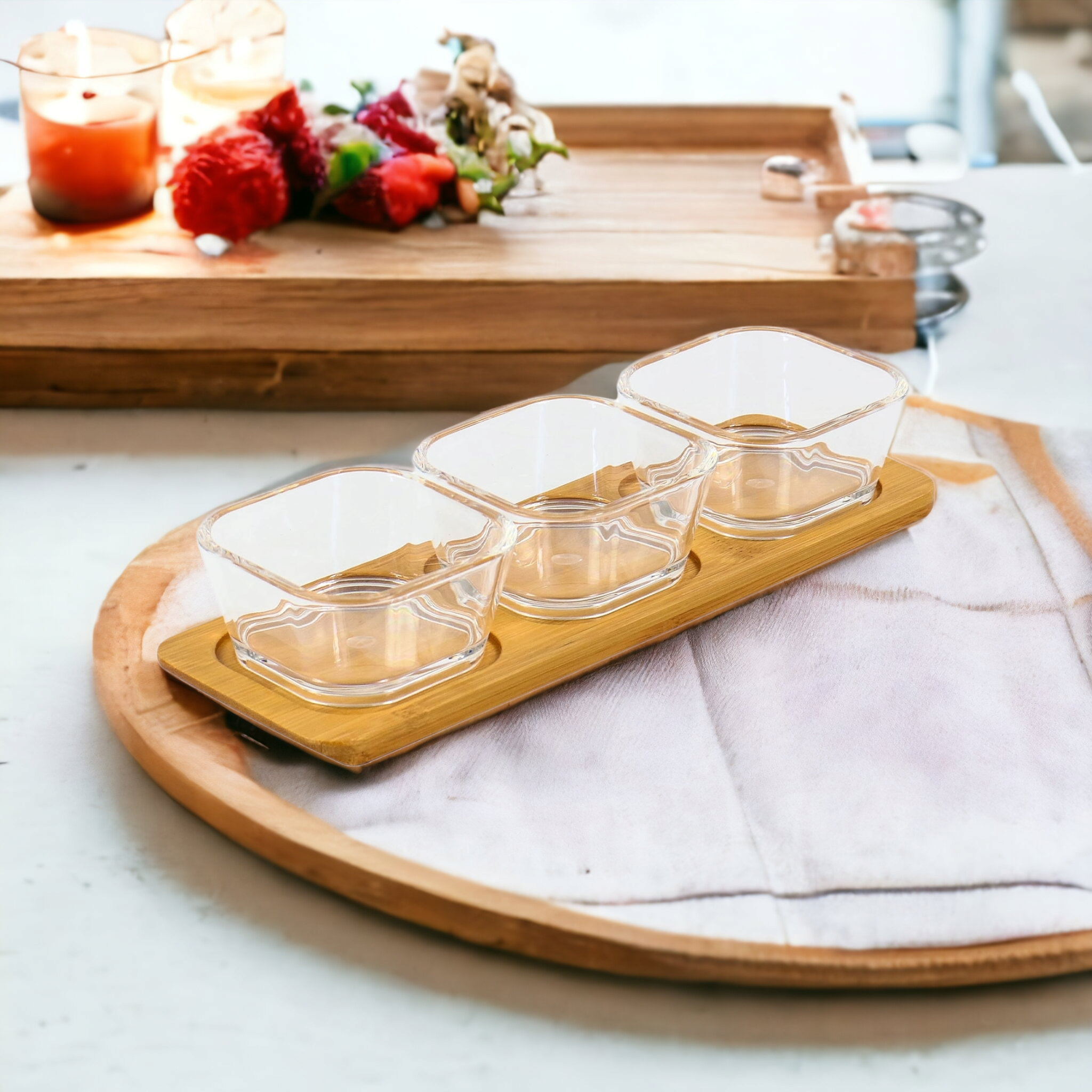 Aqua Acrylic 3pc Snack Bowl Set Bamboo Serving Tray 19612