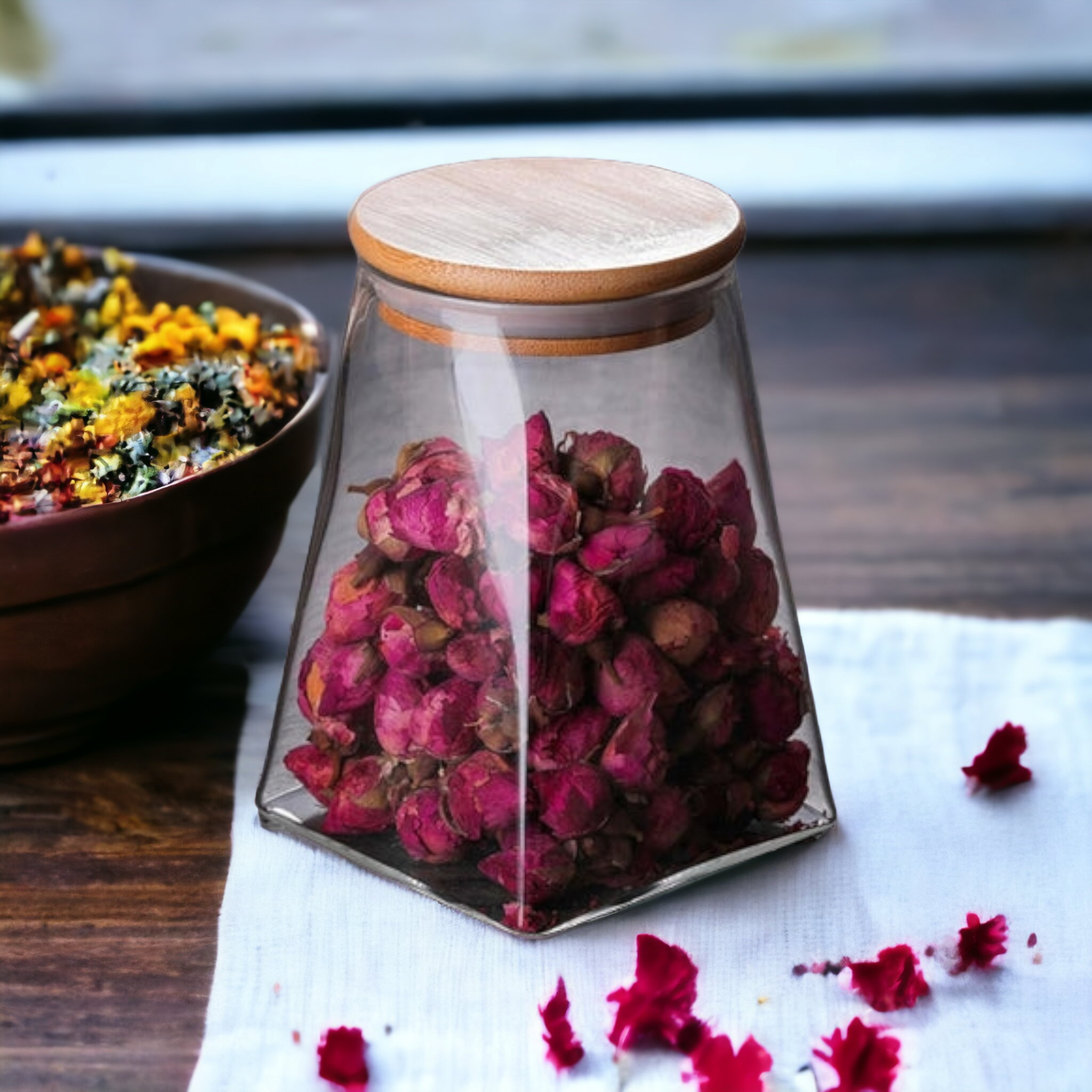 Aqua Glass Canister 510ml A Lin with Airtight Bamboo Lid 27598