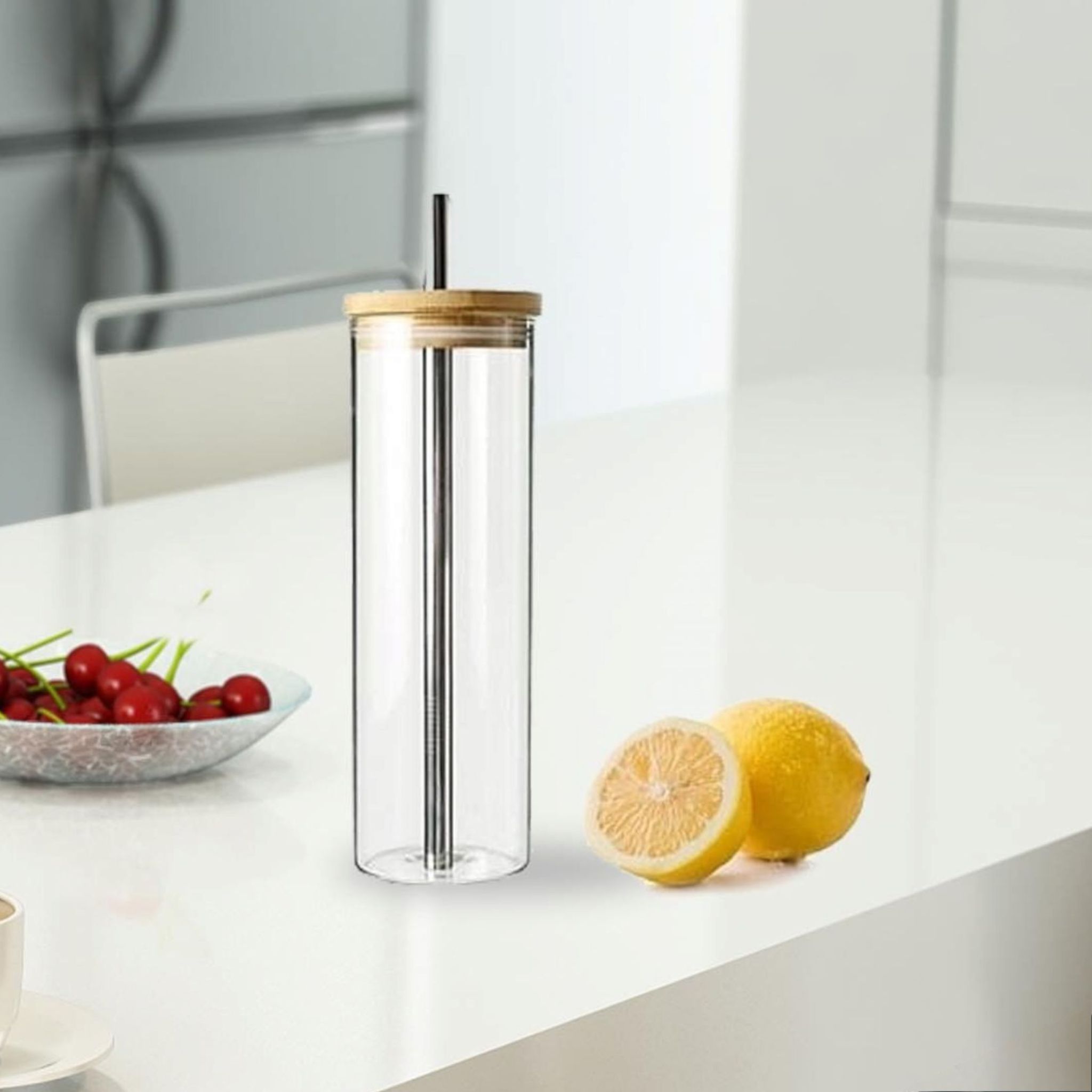 Glass Drinking Bottle with Bamboo Lid & Stainless Steel Straw 450ml