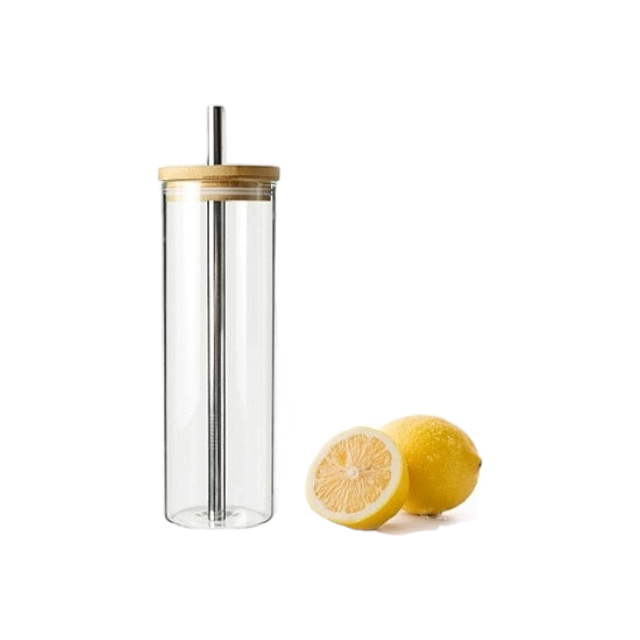 Glass Drinking Bottle with Bamboo Lid & Stainless Steel Straw 450ml