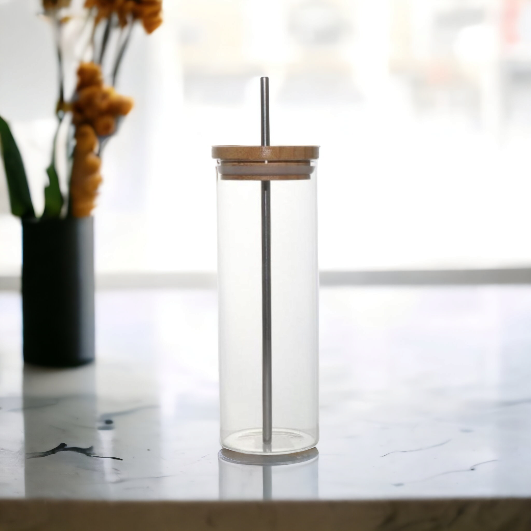 Glass Drinking Bottle with Bamboo Lid & Stainless Steel Straw 450ml