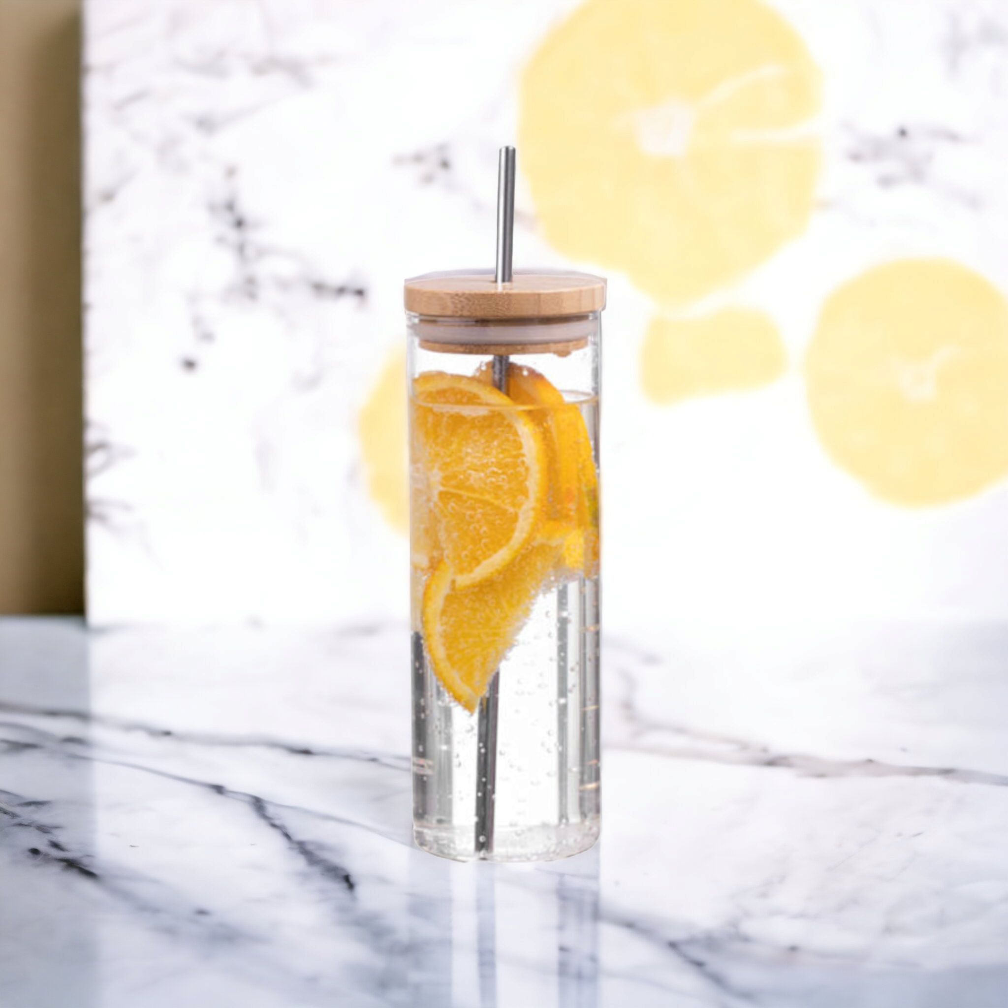 Glass Drinking Bottle with Bamboo Lid & Stainless Steel Straw 450ml