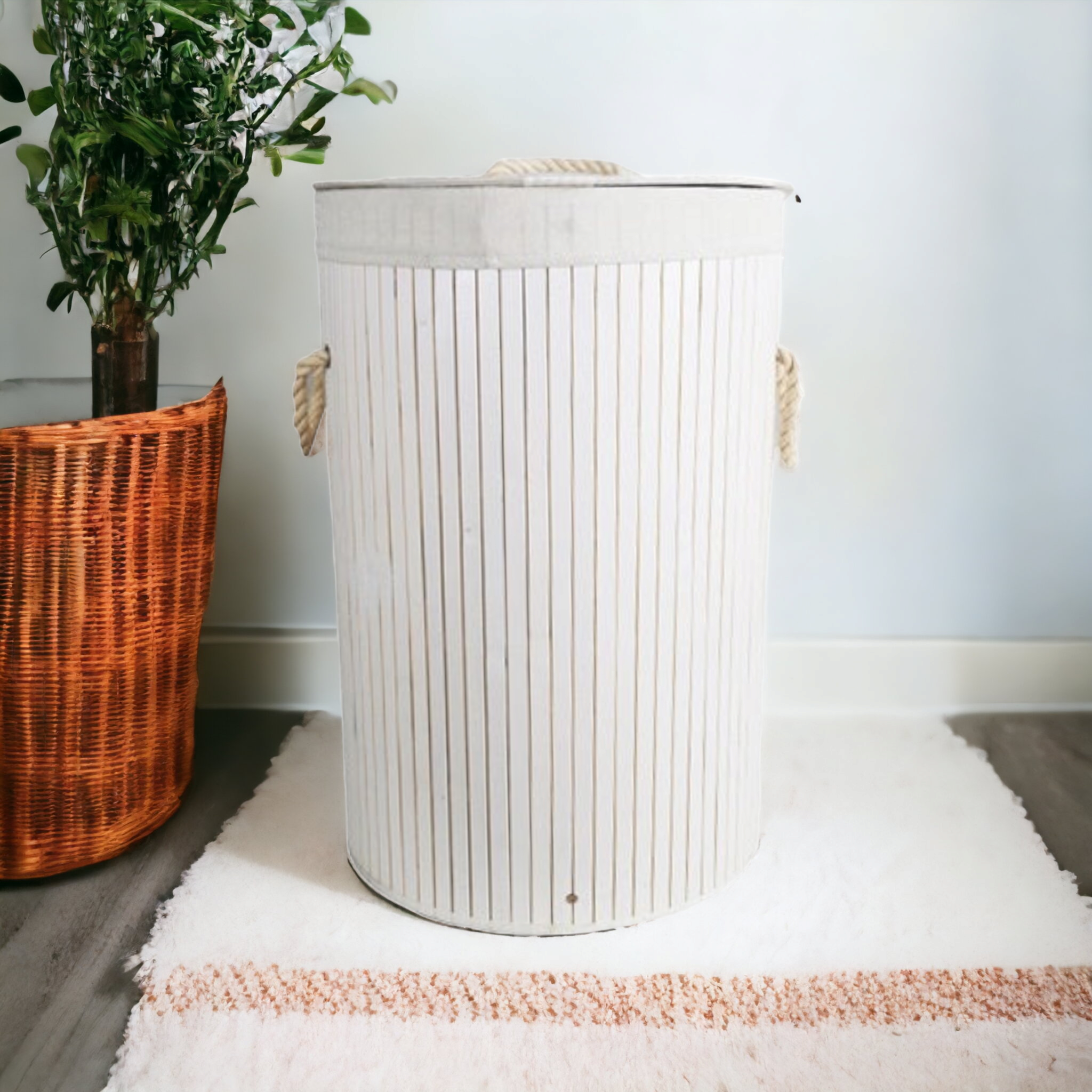 Aqua Bamboo Foldable Laundry Linen Bin Basket Round White 15694