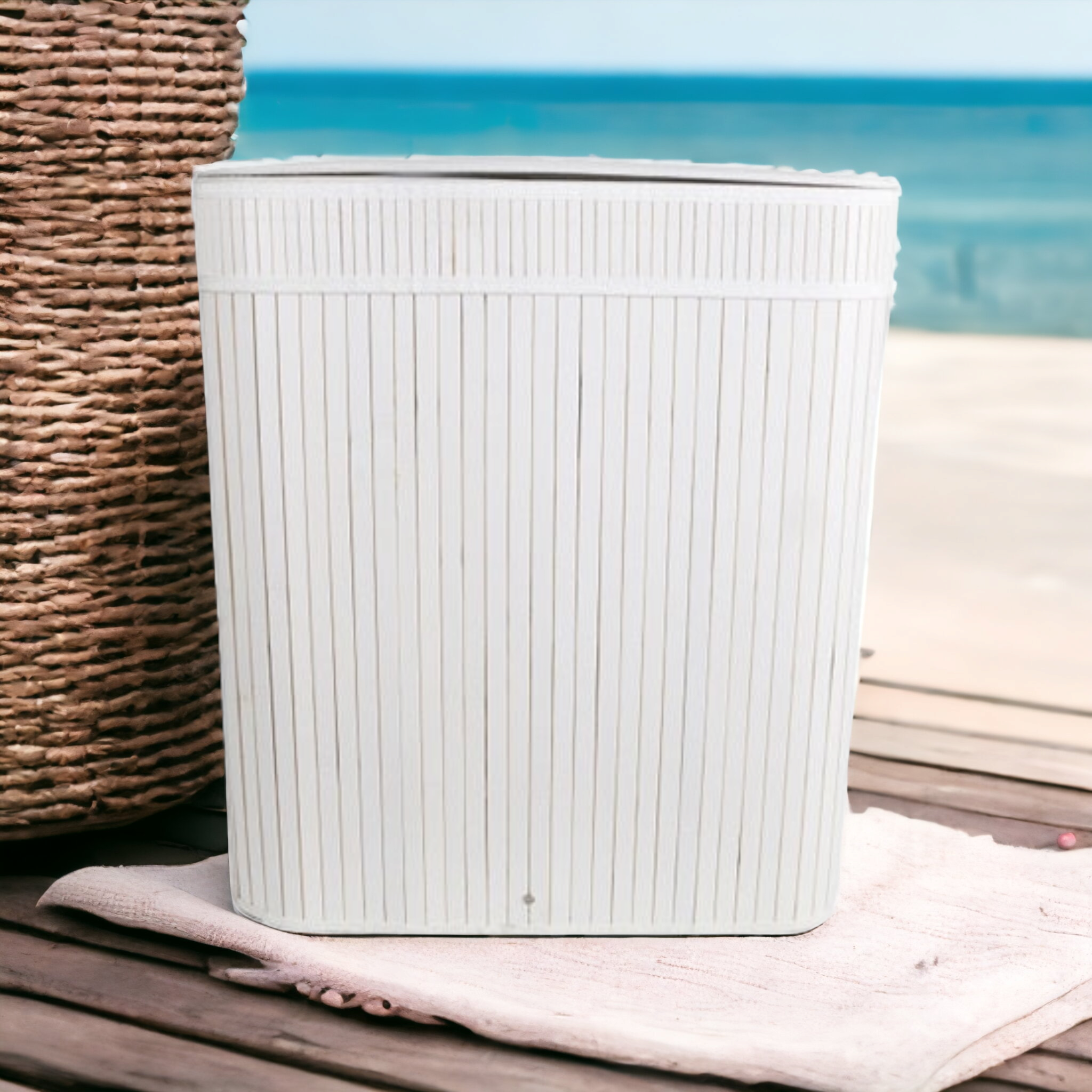 Aqua Bamboo Foldable Laundry Basket Double Rectangle White 15690