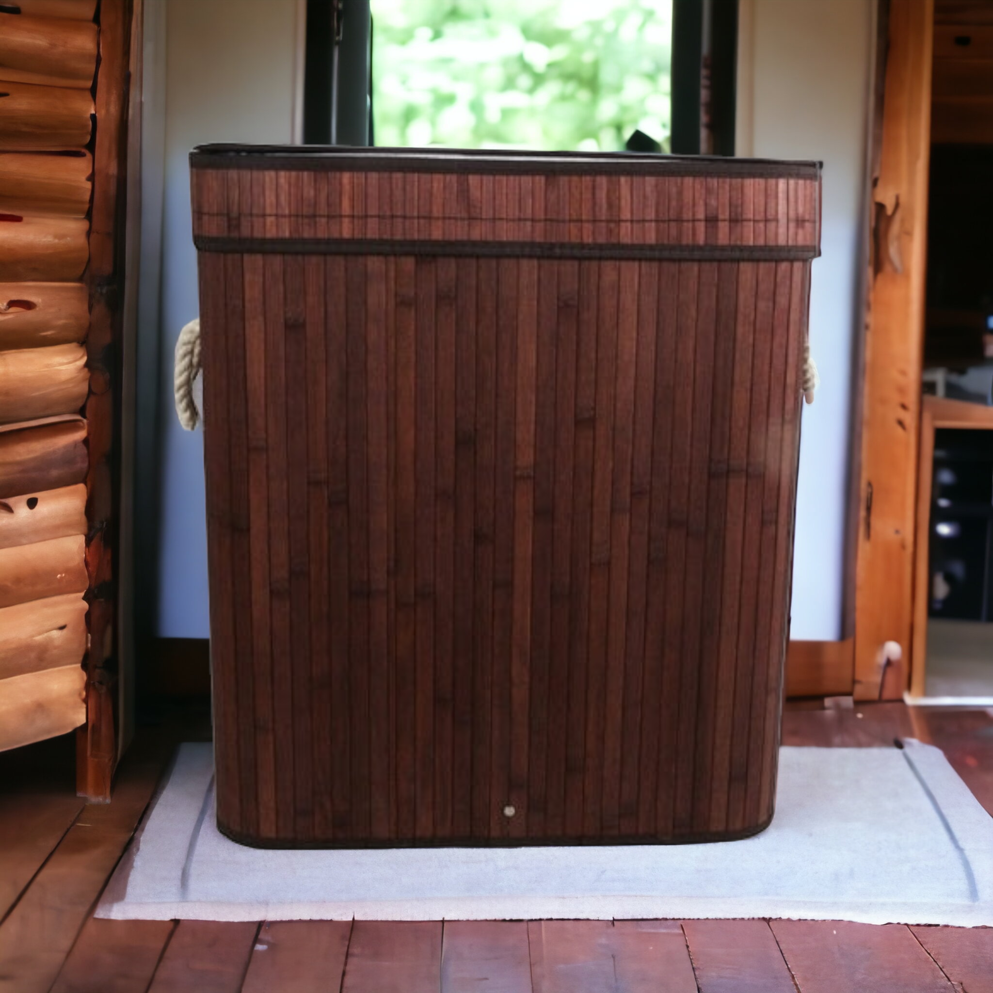 Aqua Bamboo Foldable Laundry Basket Double Rectangle Brown 15691B