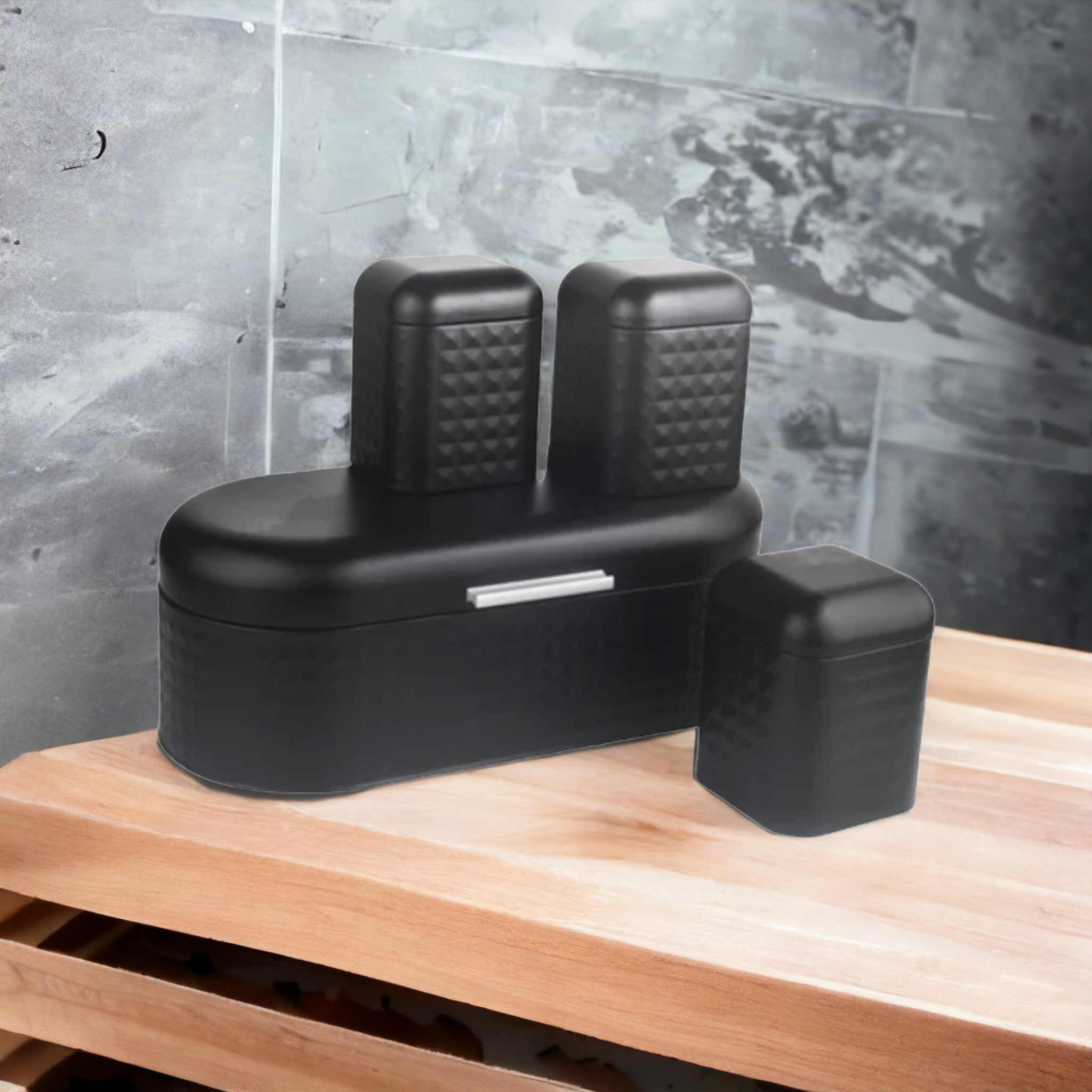 Bread Bin with 3Pcs Canister Diamond Design Black