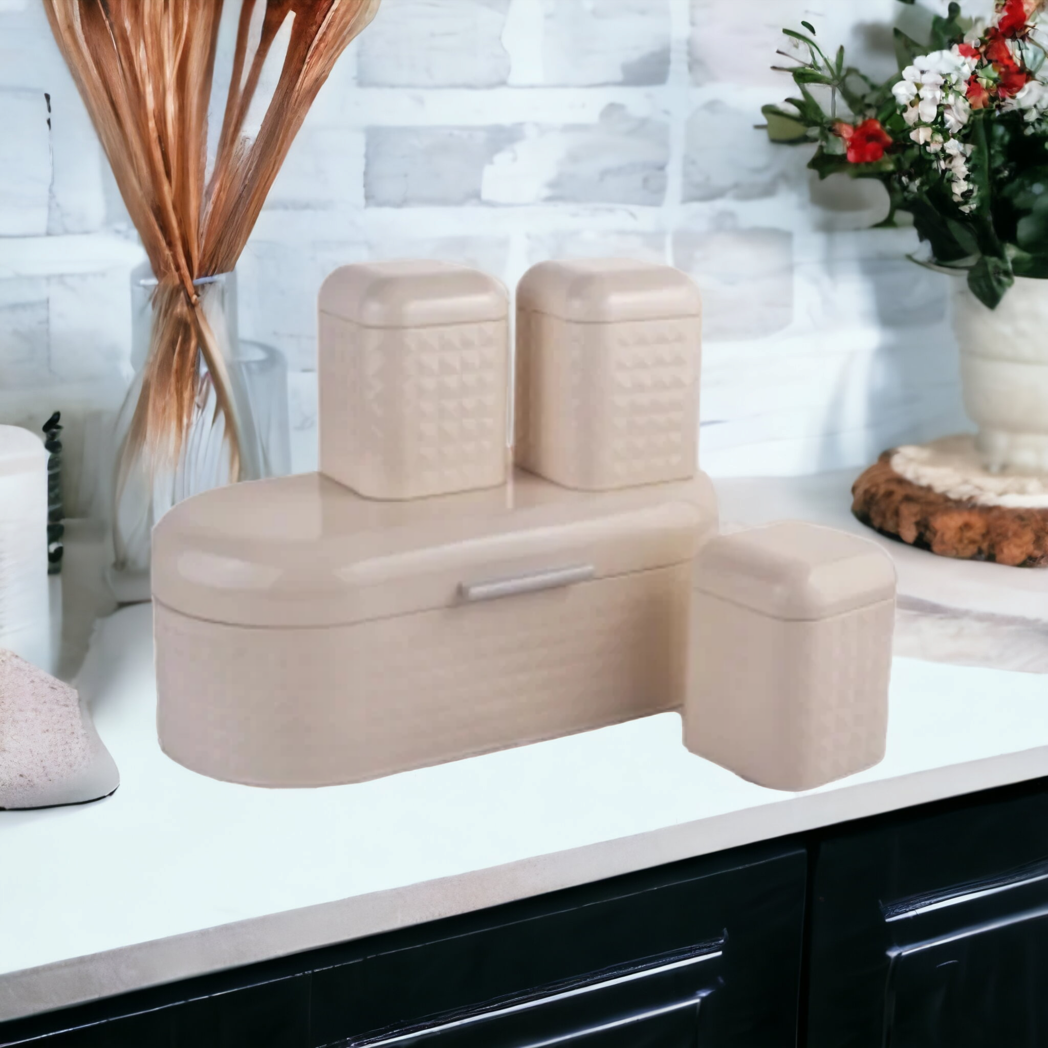 Bread Bin with 3pcs Canister Diamond Design Cream