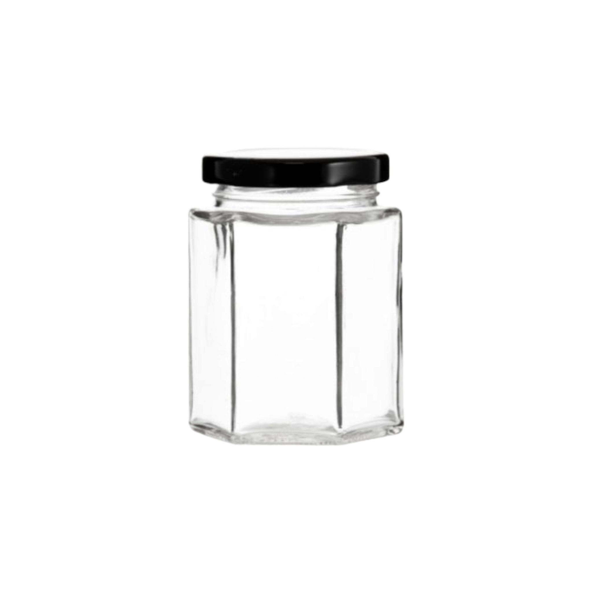 Regent Glass Jar 200ml Hexagonal with Black Lid 15109