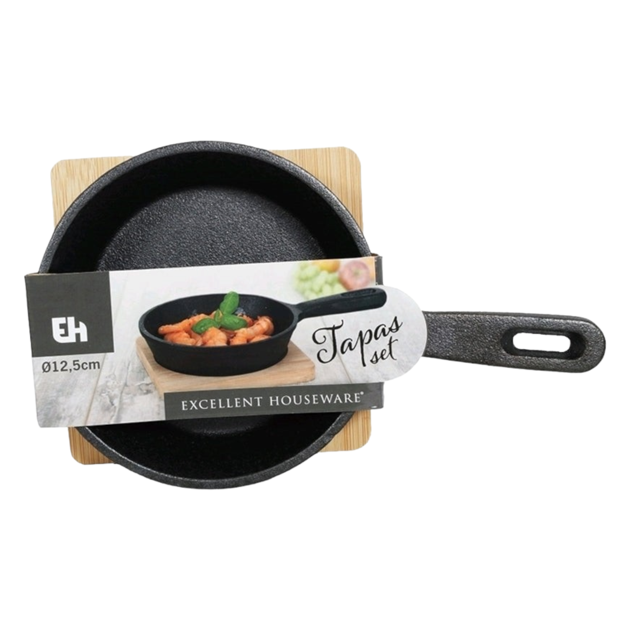 Tapas Cast Iron Pan Round Dish 21x13x4cm with Wooden Board 13155