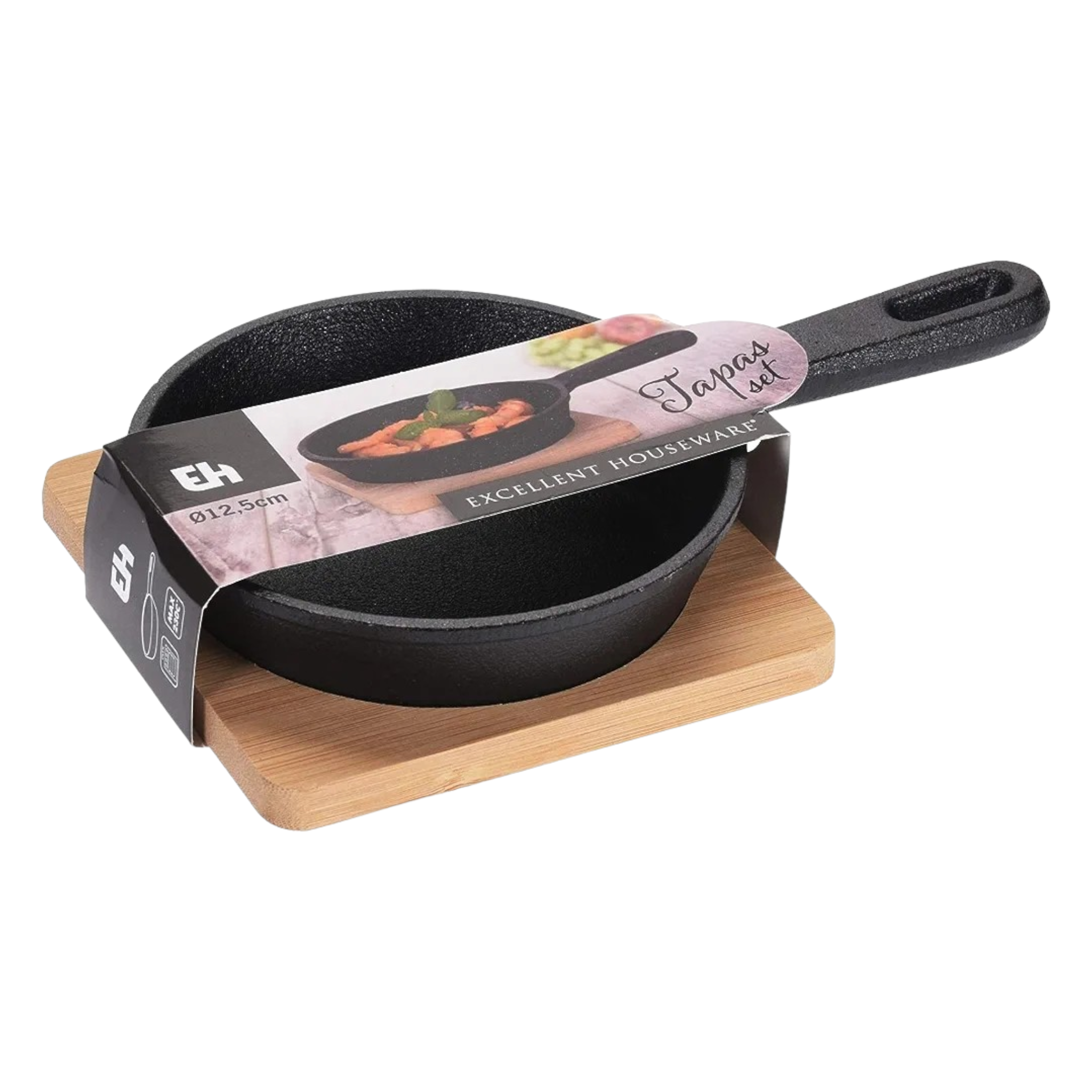 Tapas Cast Iron Pan Round Dish 21x13x4cm with Wooden Board 13155