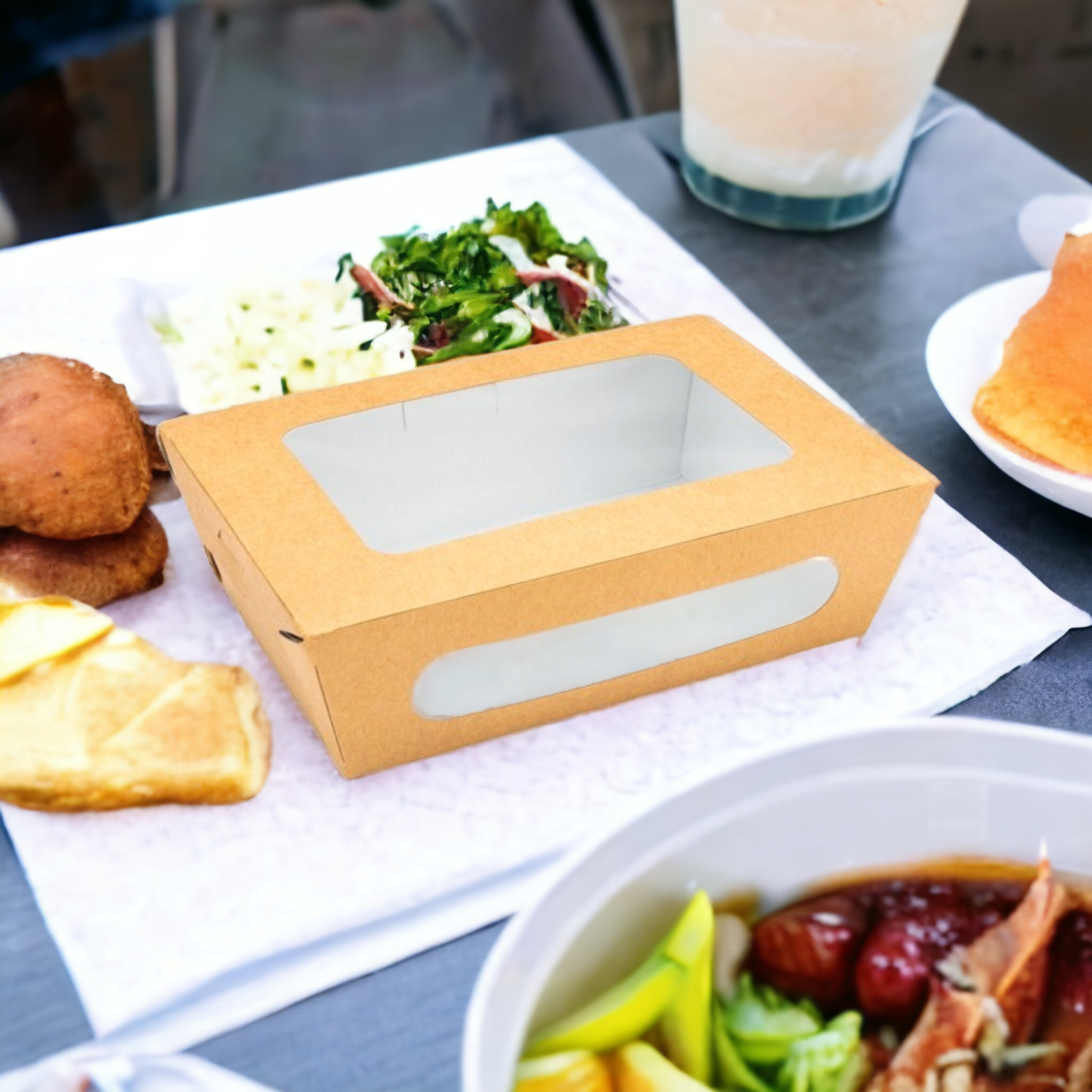 Kraft Paper Food Lunch Box with Mutliple Viewing Windows 20x12x4.5cm