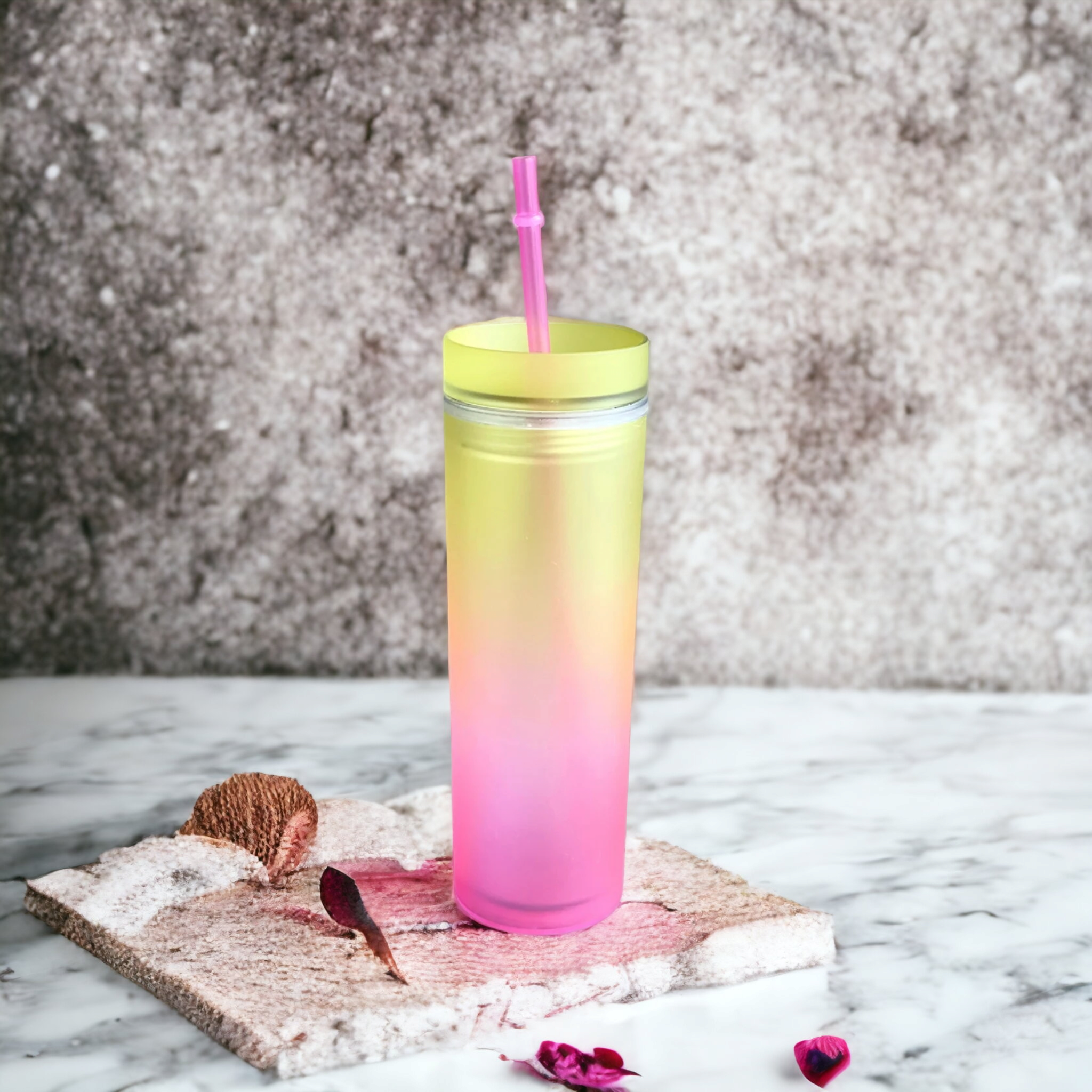 Skinny Drinking Tumbler 473ml Rainbow Gradient Frosted Acrylic Reusable with Lid & Straw