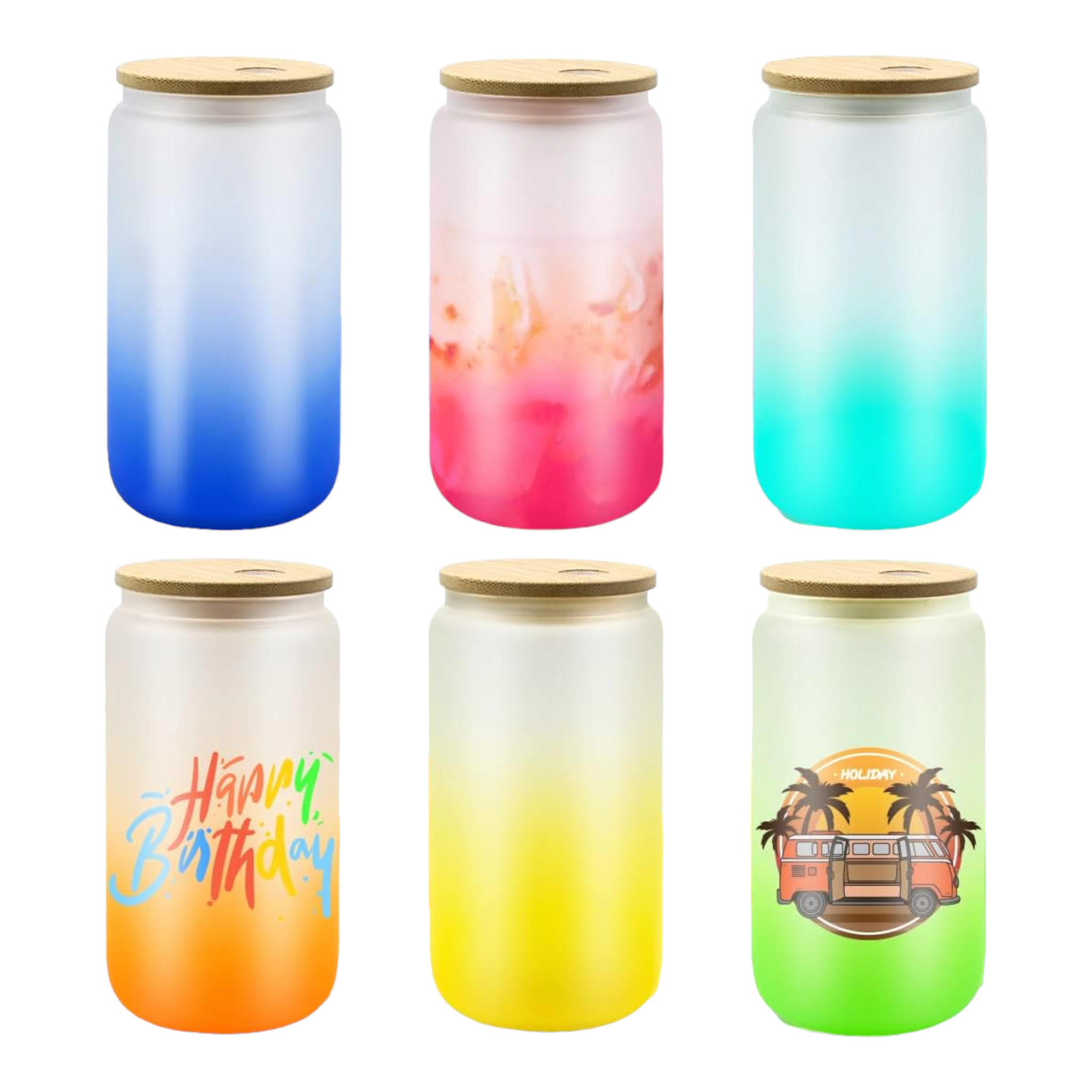 Frosted Glass Drinking Can Bottle 480ml Color Gradient with Bamboo Lid & Borosilicate Straw