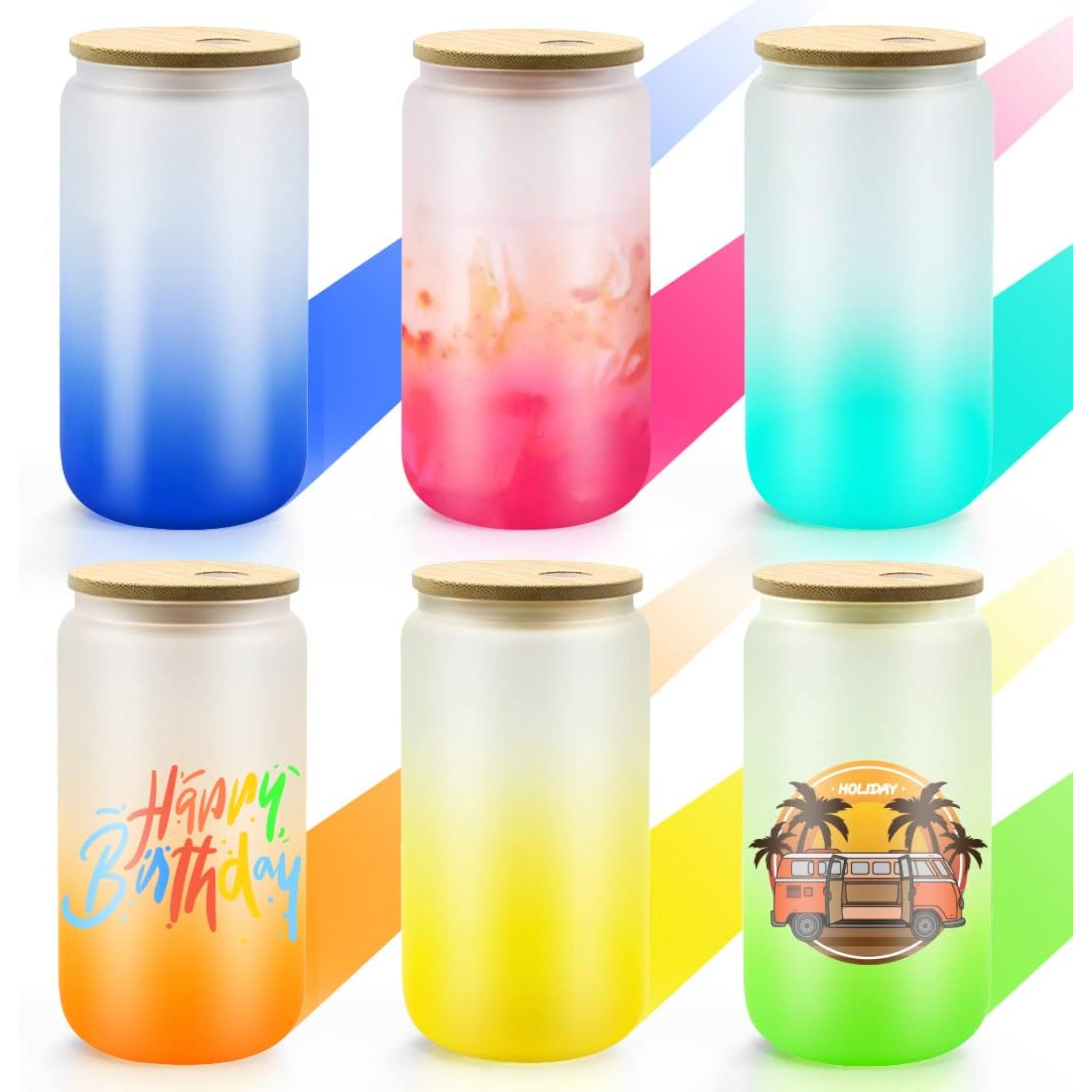 Frosted Glass Drinking Can Bottle 480ml Color Gradient with Bamboo Lid & Borosilicate Straw