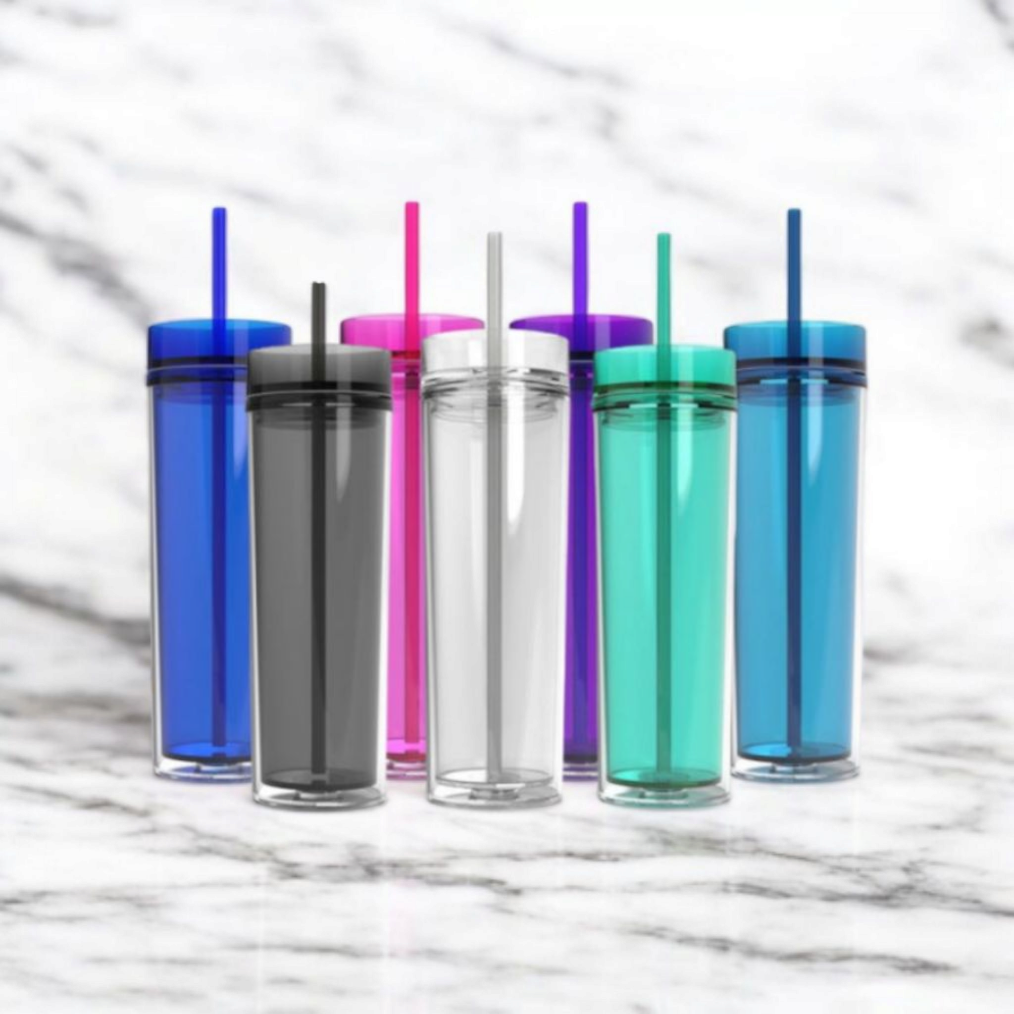 Skinny Drinking Tumbler 473ml Acrylic Transparent Color 7x21cm Reusable with Lid & Straw