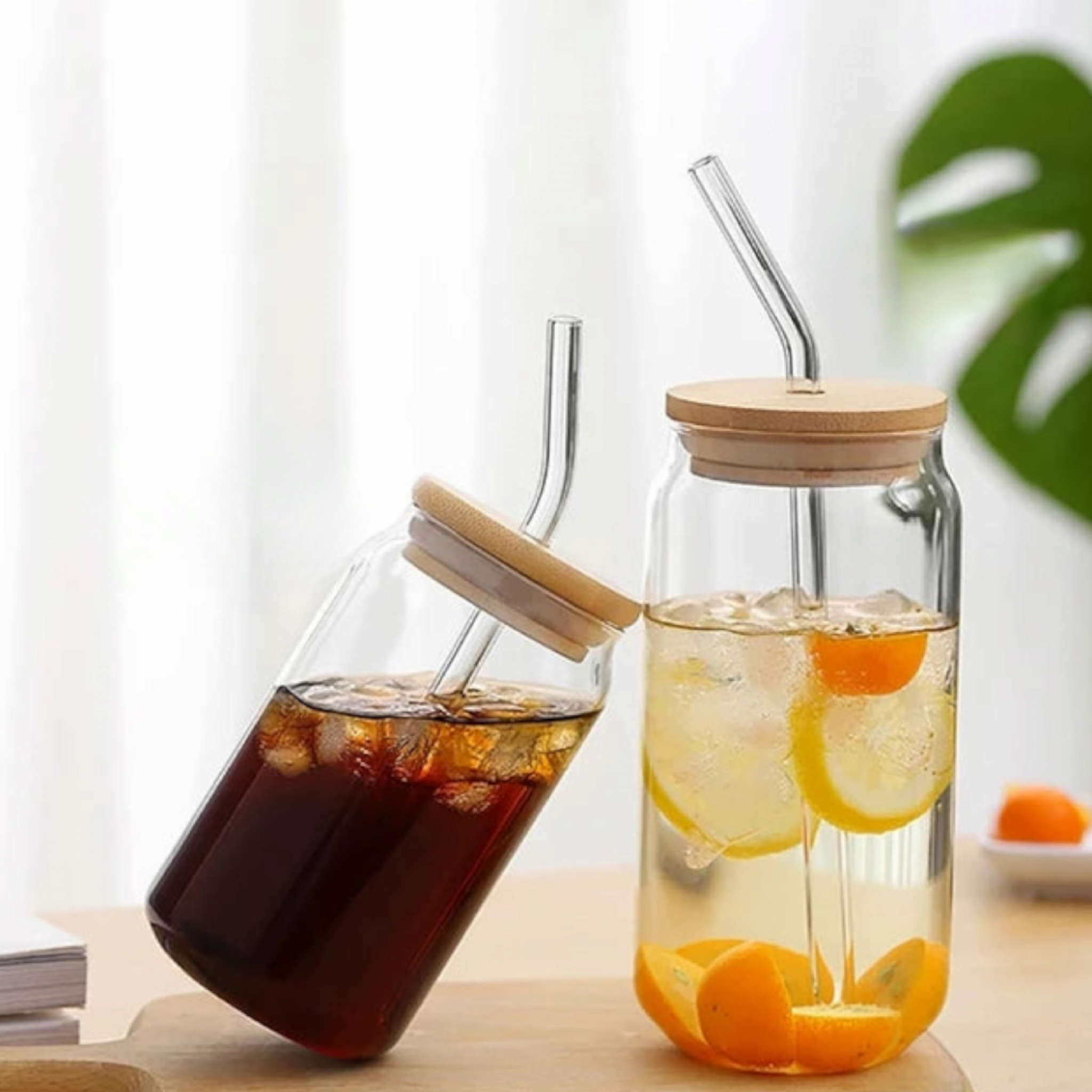 Glass Drinking Can Bottle with Bamboo Lid and Borosilicate Straw