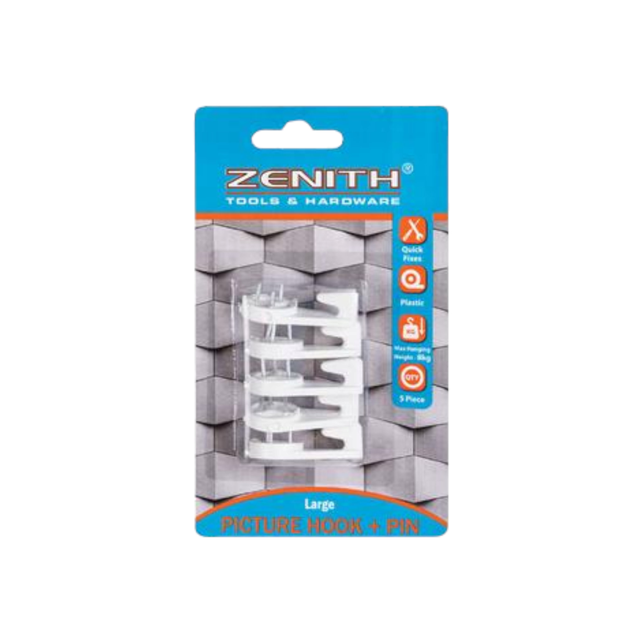 Zenith Picture Hook with Pin White Large 8kg 5pack