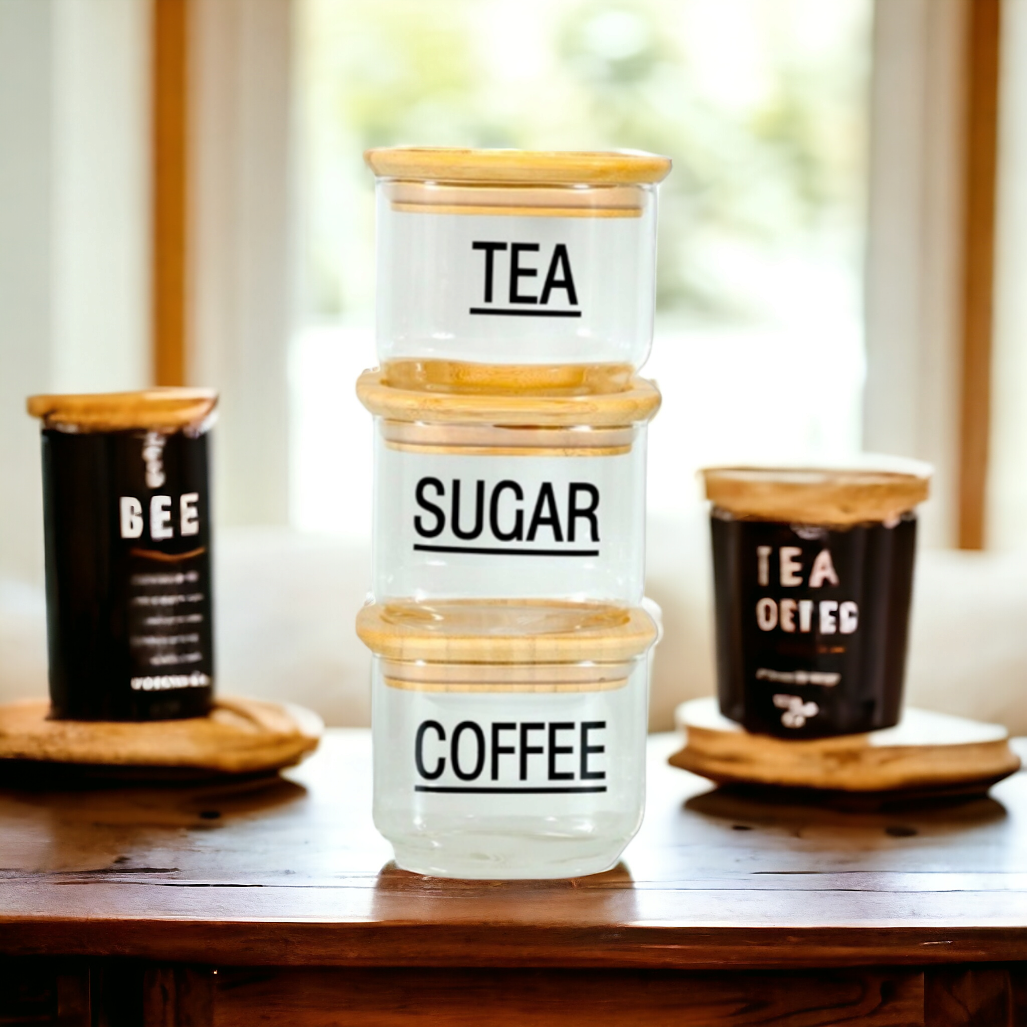 Aqua Glass Canister Square with Bamboo Lid 3pc Stackable