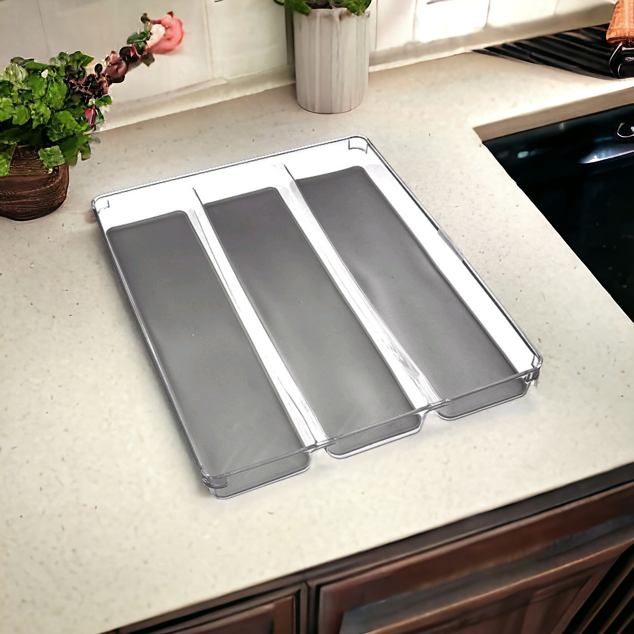 Acrylic Cutlery Holder 3-Compartment Division Non Slip