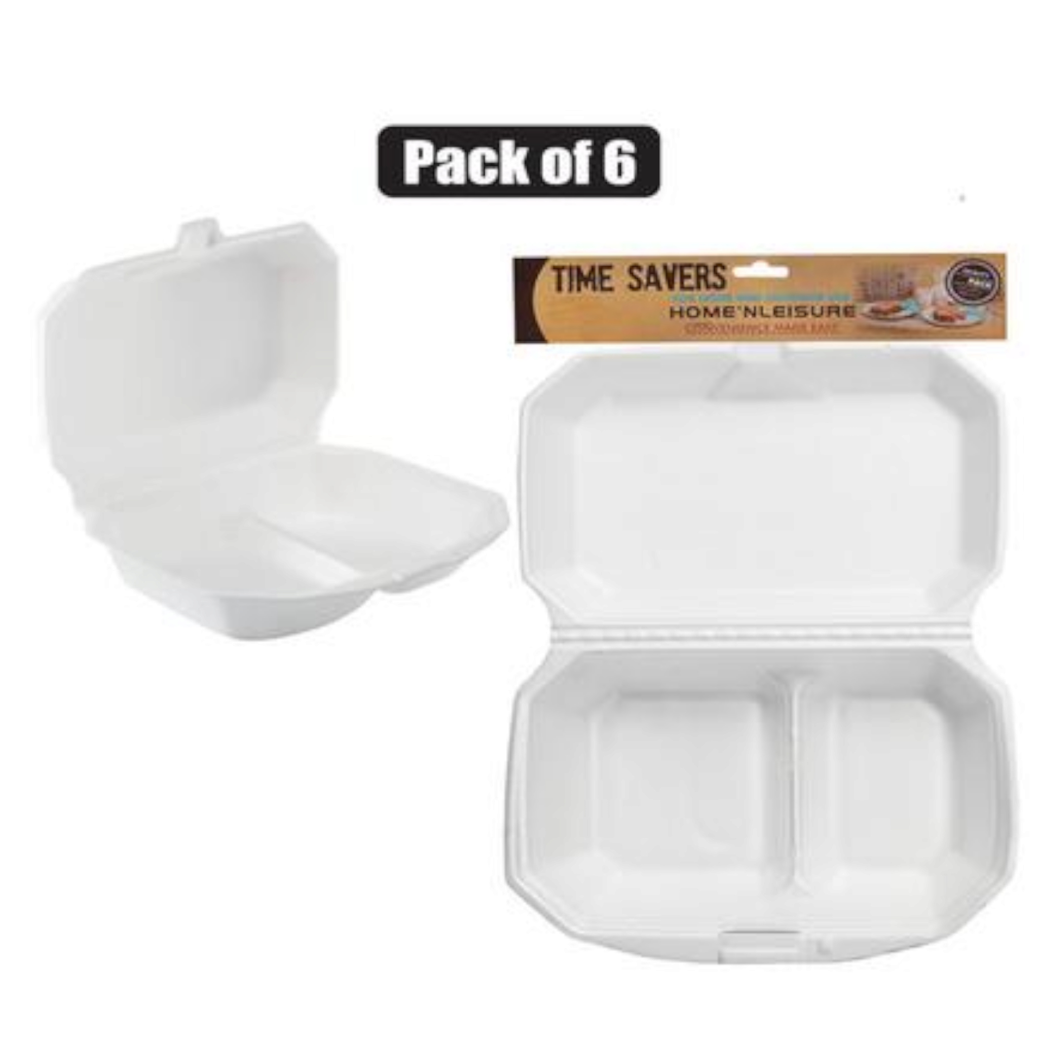 Timie Savers Disposable Fomo Food Calmshell No.40 Picnic Box Styrofoam 2-Division 6pc