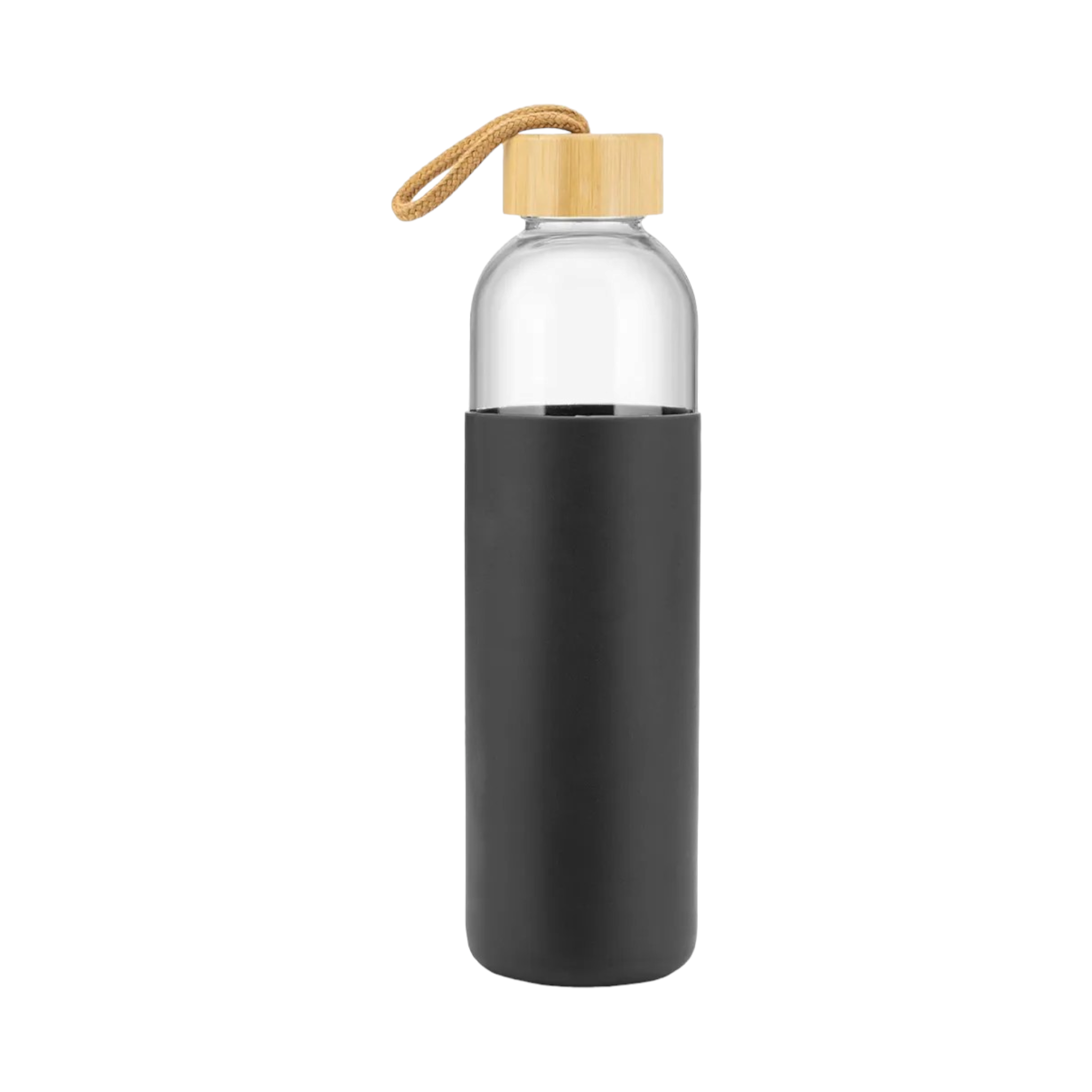 Glass Drinking Bottle 500ml Silicone Grip with Bamboo Wooden Lid and String 22583