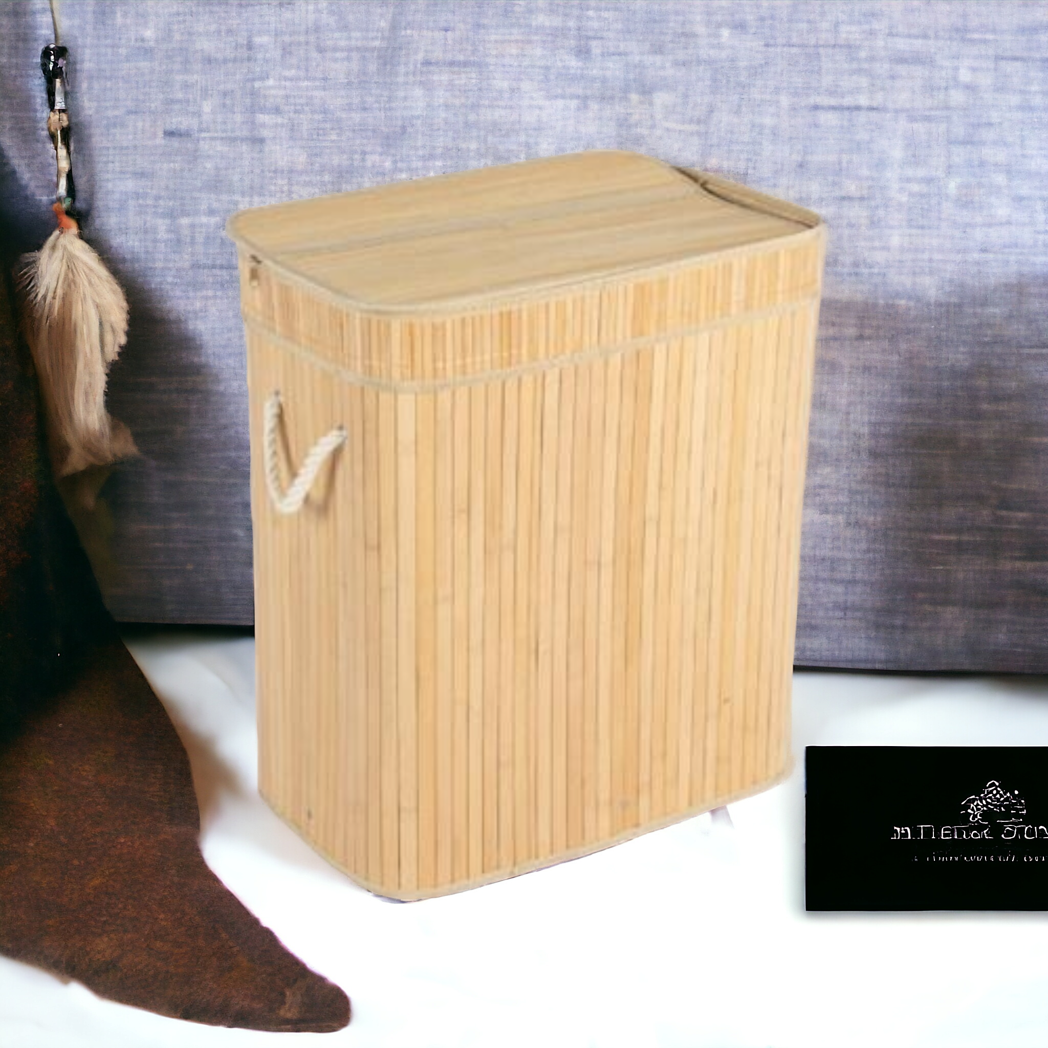 Aqua Bamboo Foldable Laundry Basket Double Rectangle Natural 15692
