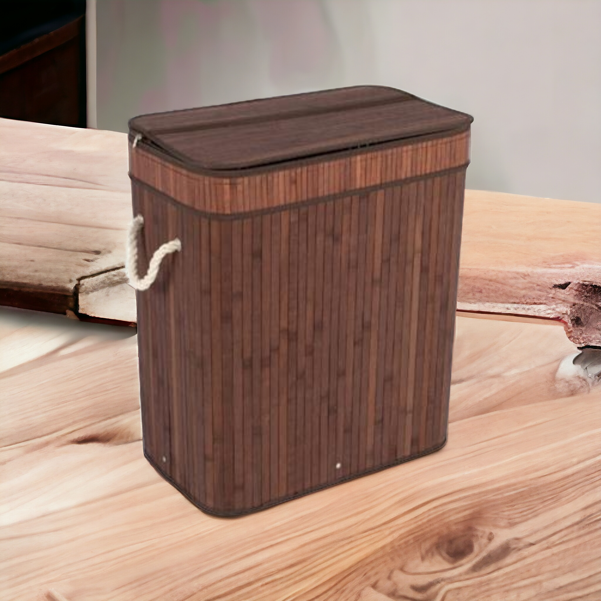 Aqua Bamboo Foldable Laundry Basket Double Rectangle Brown 15691B