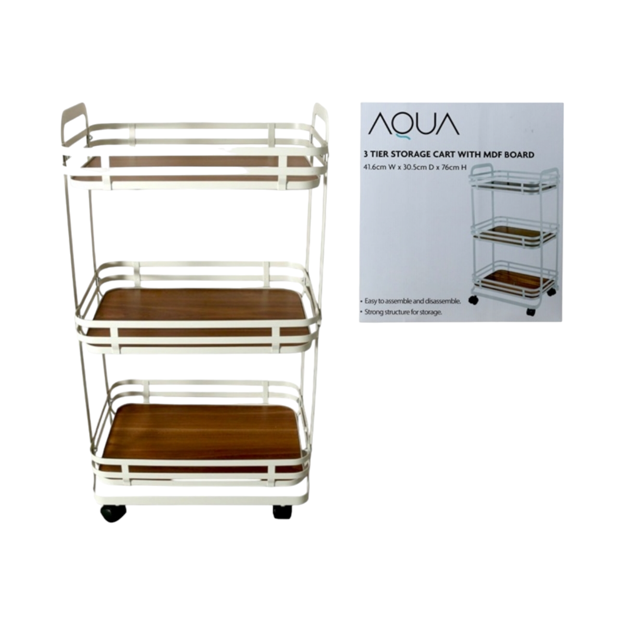 Aqua 3-Tier Storage Cart Trolley Cream with MDF Board