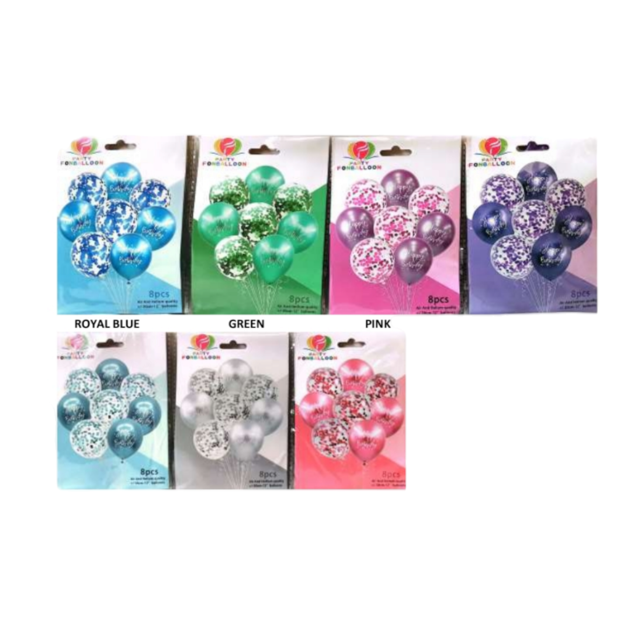 Happy Birthday Latex Balloons 8pack with White Print & Confetti