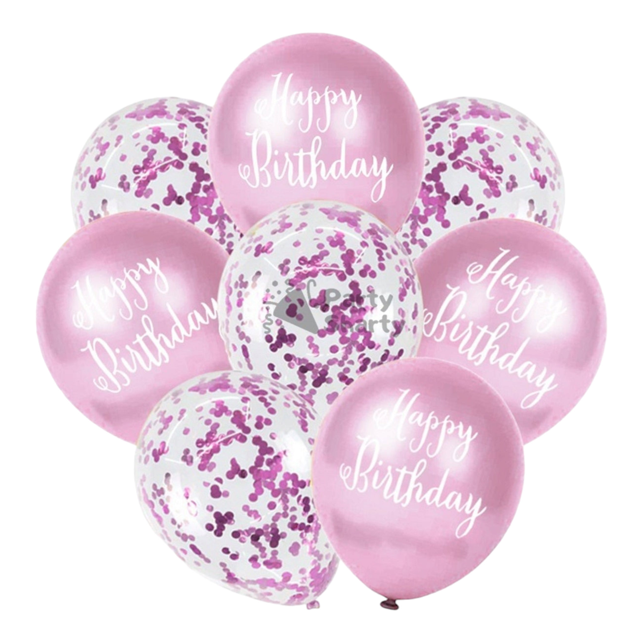 Happy Birthday Latex Balloons 8pack with White Print & Confetti