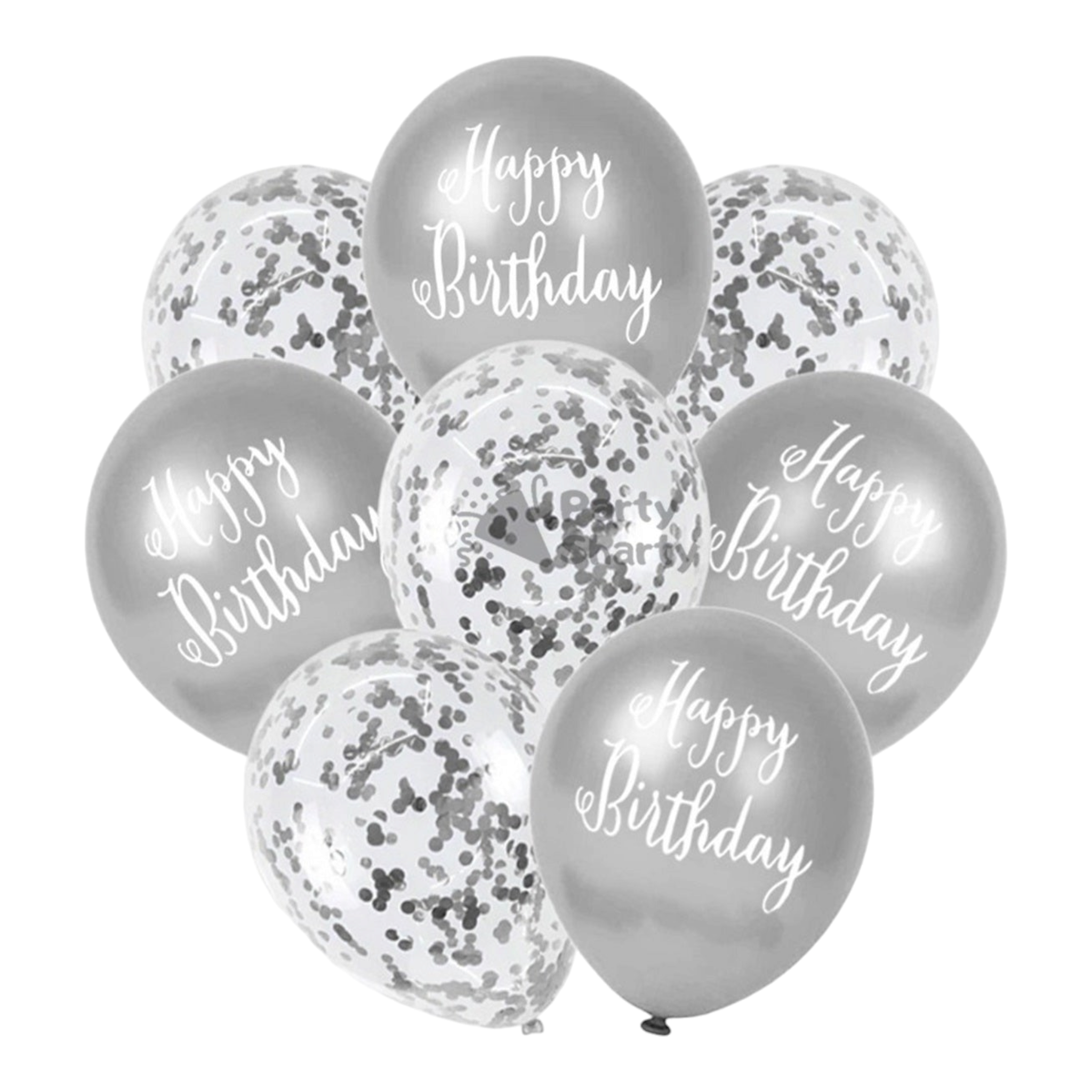 Happy Birthday Latex Balloons 8pack with White Print & Confetti