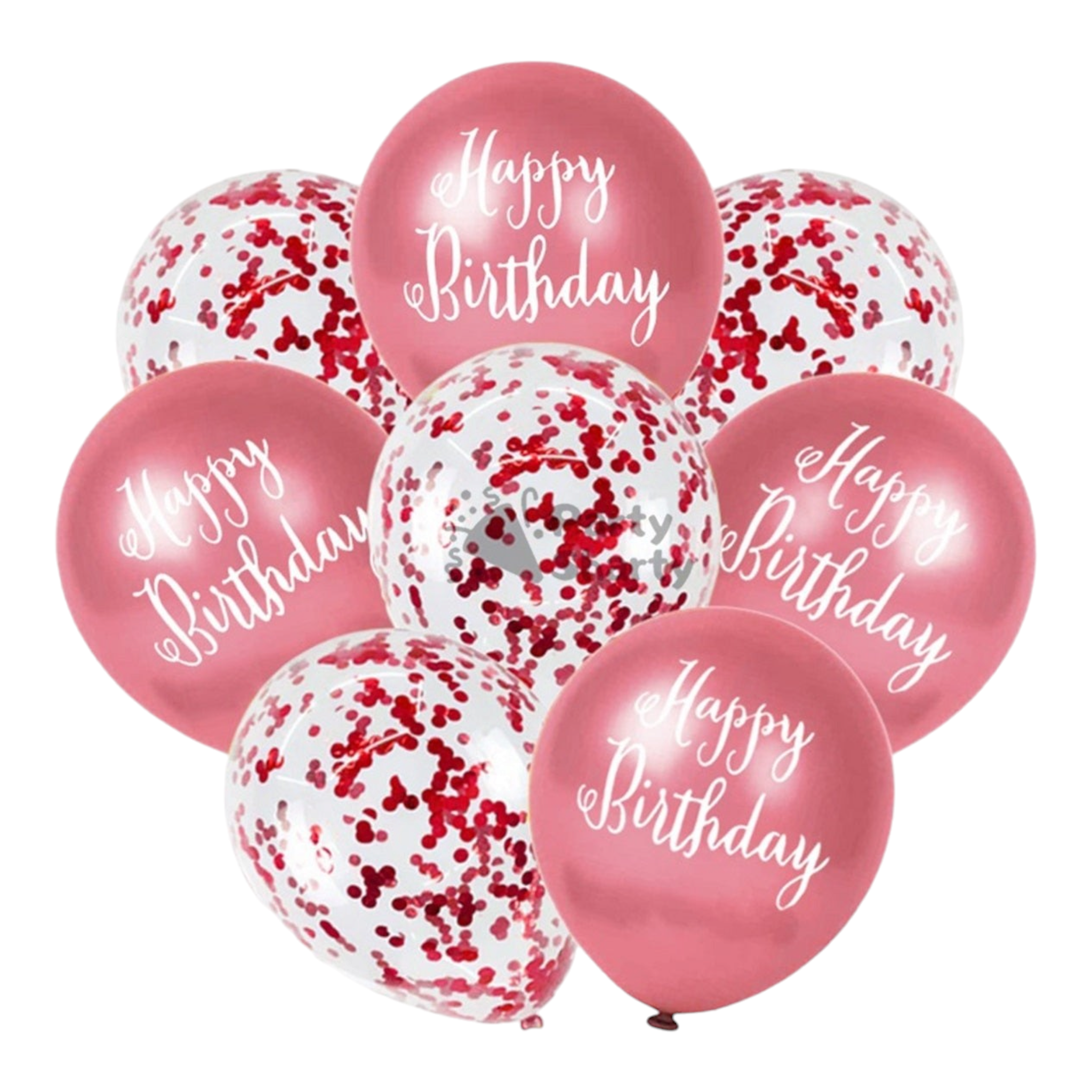 Happy Birthday Latex Balloons 8pack with White Print & Confetti