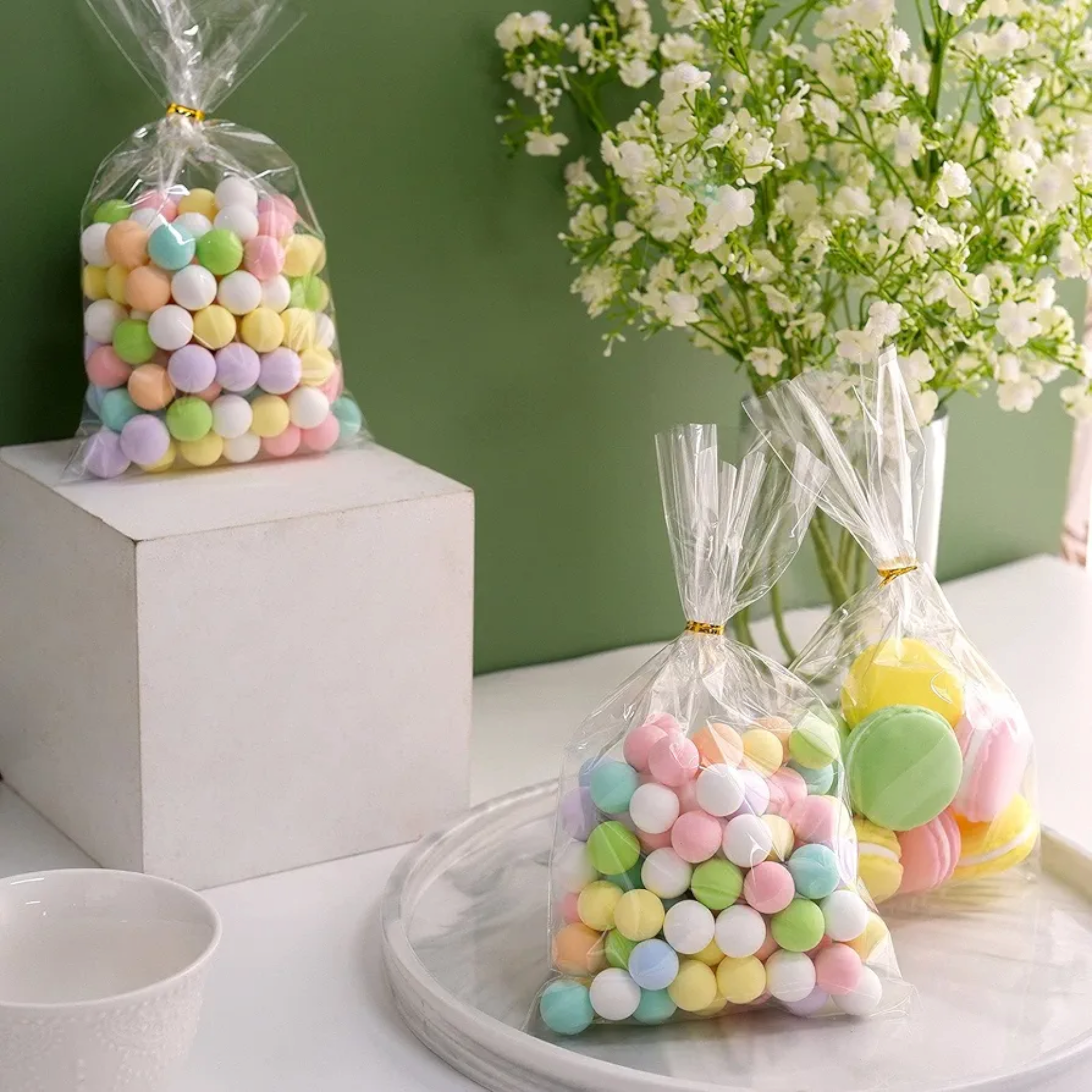 Gift Wrap Cello Cellophane Treat Bags with Twist Ties with Star Print 10pack