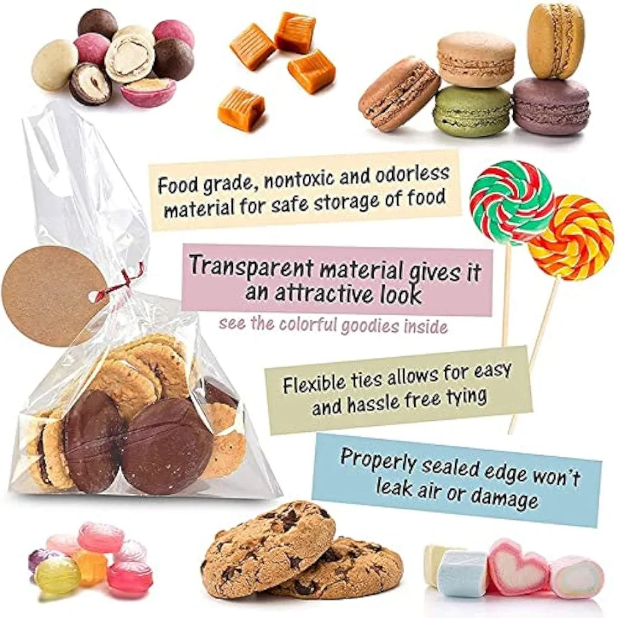 Gift Wrap Cello Cellophane Treat Bags with Twist Ties with Star Print 10pack