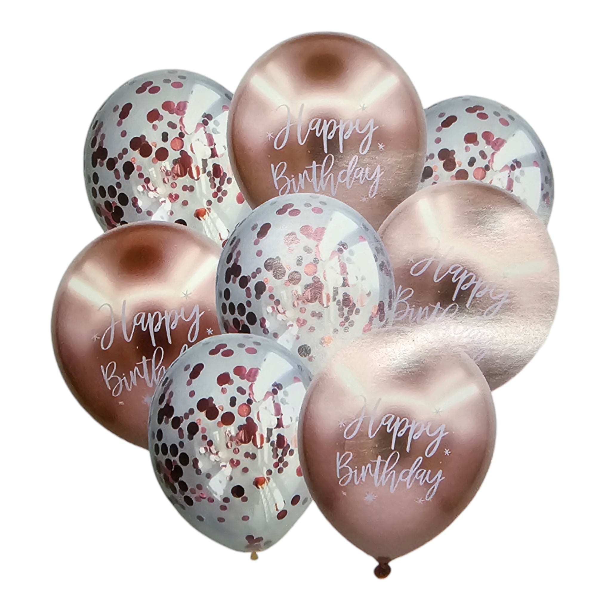 Happy Birthday Latex Balloons 8pack with White Print & Confetti