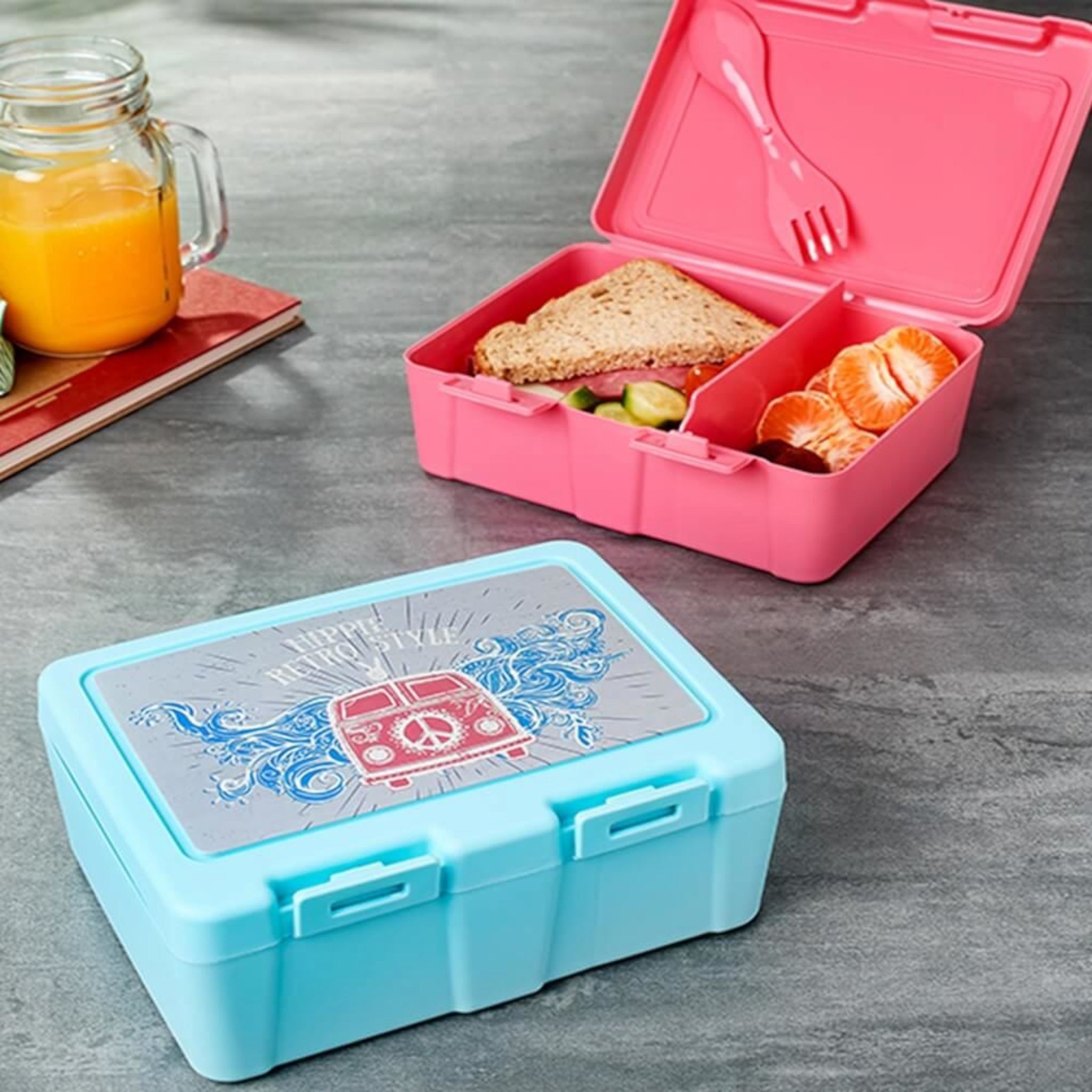 Joyful Kids Lockable Lunch Box Plastic 2-Division with Spork Spoon in One