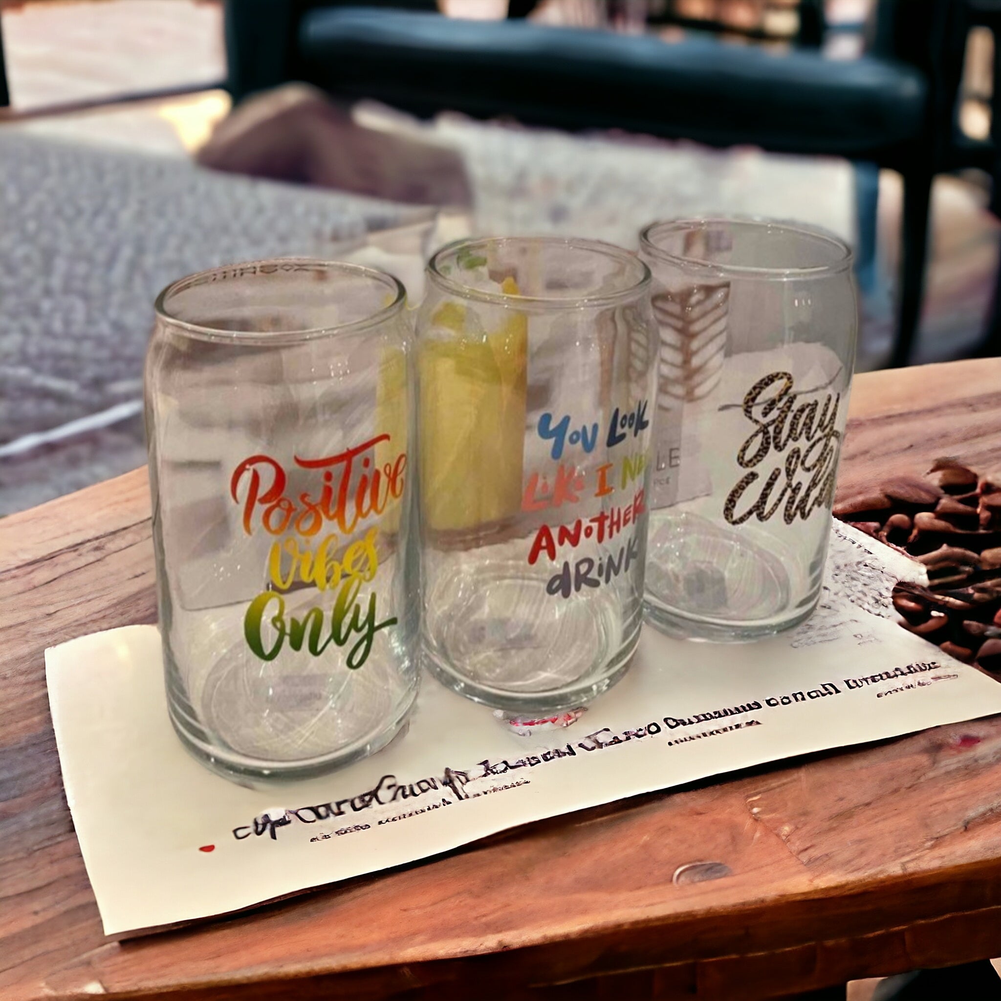 473ml Can Shape Glass Tumbler with Worded Print 3pack