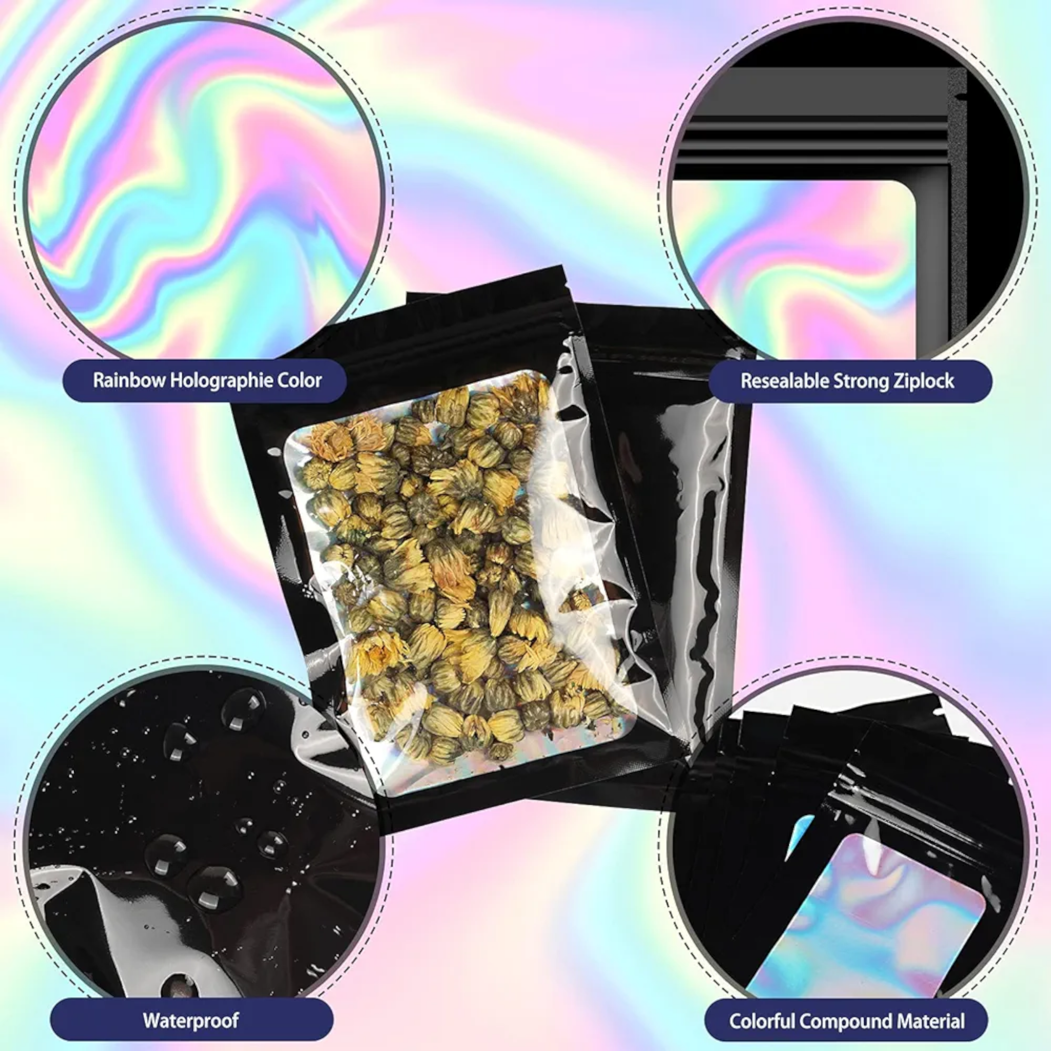 Holographic Resealable Mylar Pouch Bags Full Window Display 10pack