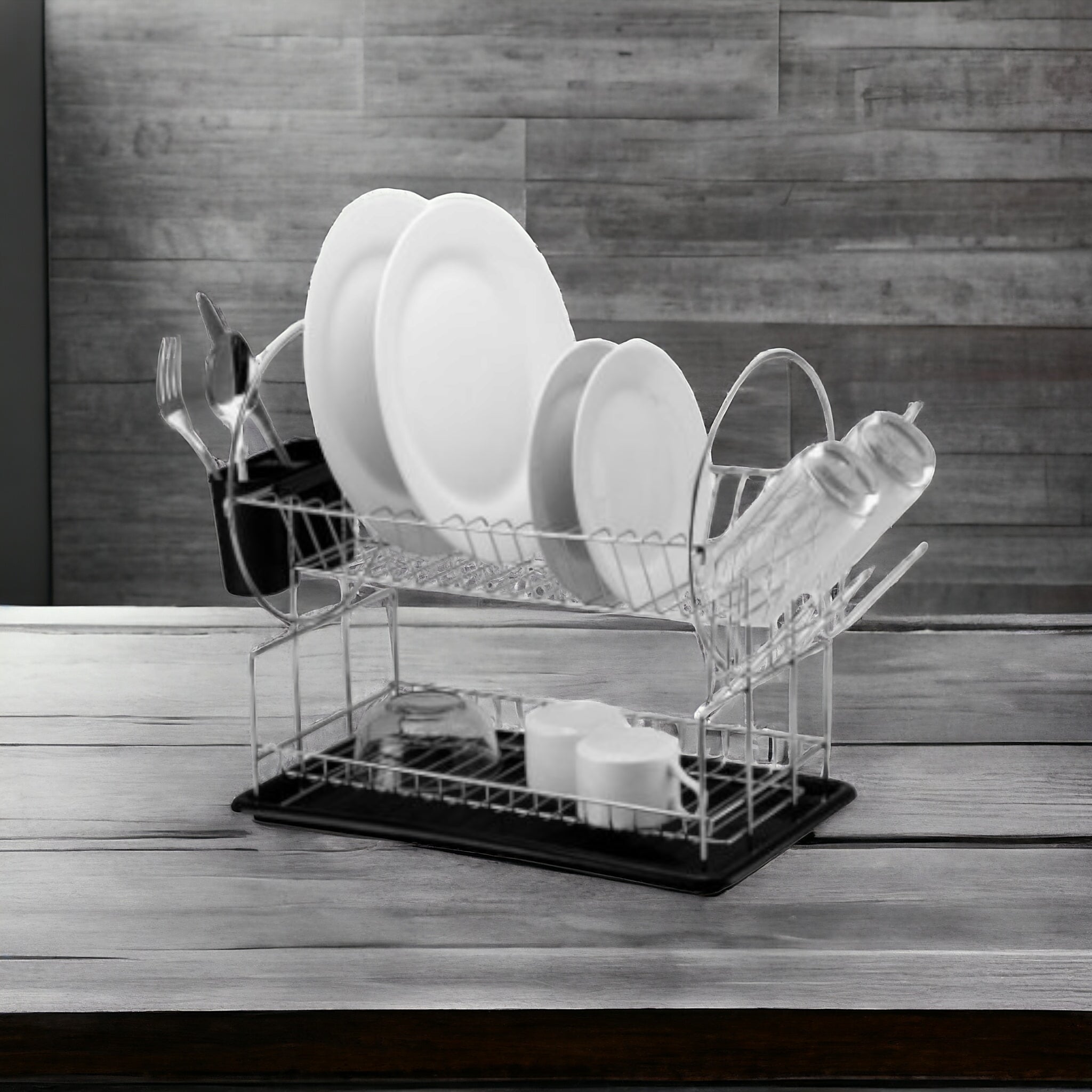 2-Tier Stainless Steel Dish Rack 42cm Chrome Plated with Black Tray
